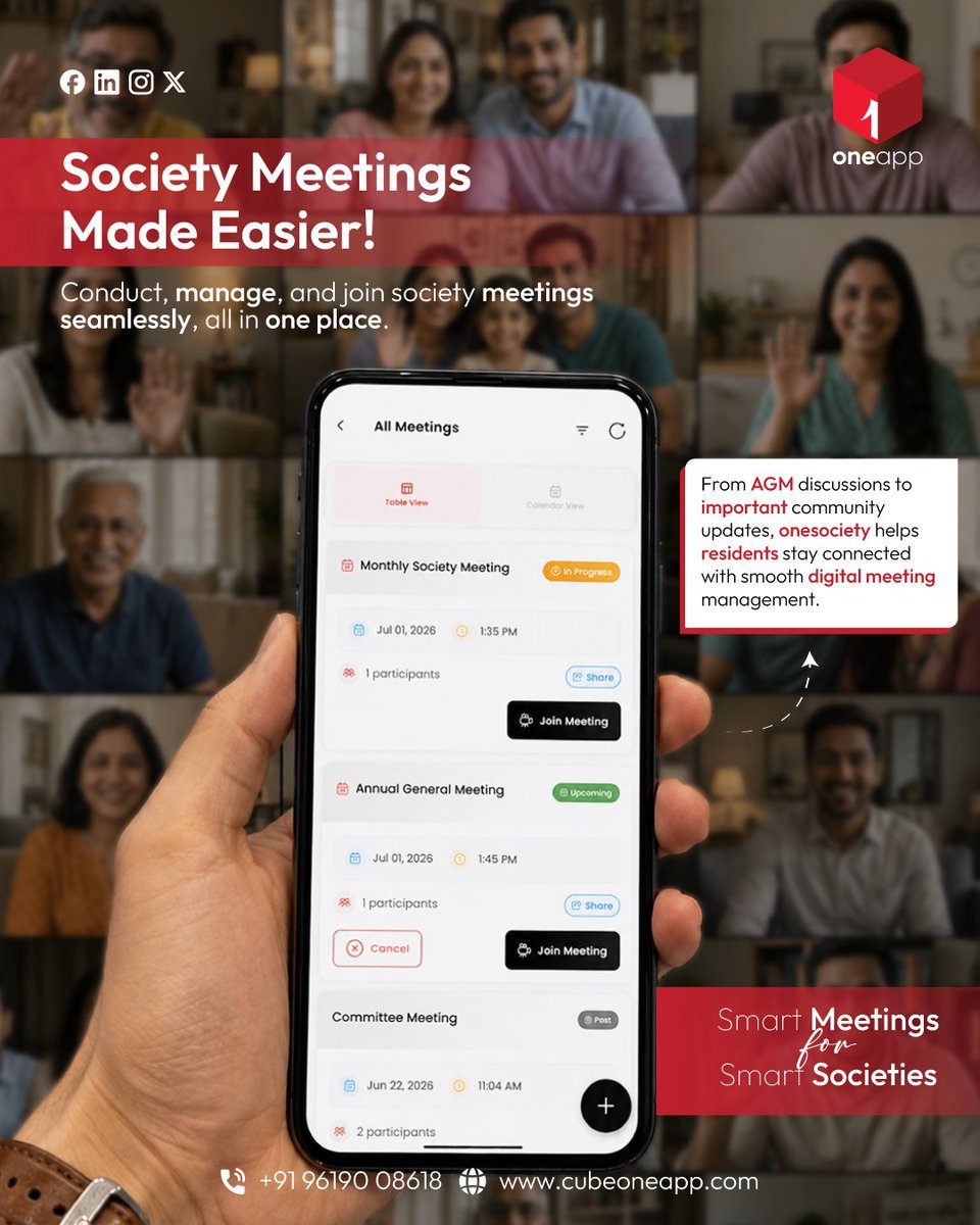 cubeoneapp's tweet photo. Society meetings, simplified. 📲

Schedule, join, and manage meetings effortlessly with OneSociety. From AGMs to committee discussions, stay informed and connected all in one place.

Smart meetings for smart societies.

#OneSociety #SocietyMeetings #SmartCommunity #DigitalSociety https://t.co/2aSC5005RA