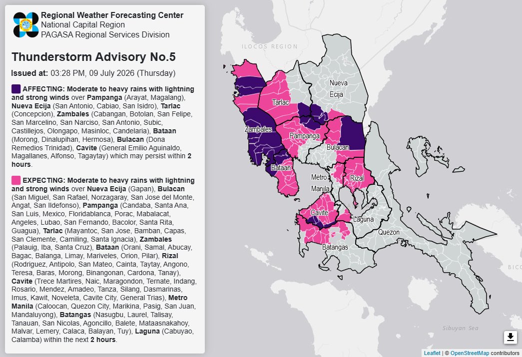 dost_pagasa's tweet photo. Thunderstorm Advisory No. 5 #NCR_PRSD
Issued at: 3:28 PM, 09 July 2026(Thursday)

Moderate to heavy rainshowers with lightning and strong winds are expected over Rizal(Rodriguez, Antipolo, San Mateo, Cainta, Taytay, Angono, Teresa, Baras, Morong, Binangonan, Cardona, Tanay), Metro Manila(Caloocan, Quezon City, Marikina, Pasig, San Juan, Mandaluyong), Batangas(Nasugbu, Laurel, Talisay, Tanauan, San Nicolas, Agoncillo, Balete, Mataasnakahoy, Malvar, Lemery, Calaca, Balayan, Tuy) and Laguna(Cabuyao, Calamba) within the next 2 hours.

The above conditions are being experienced in Pampanga(Arayat, Magalang), Nueva Ecija(San Antonio, Cabiao, San Isidro), Tarlac(Concepcion), Zambales(Cabangan, Botolan, San Felipe, San Marcelino, San Narciso, San Antonio, Subic, Castillejos, Olongapo, Masinloc, Candelaria), Bataan(Morong, Dinalupihan, Hermosa), Bulacan(Dona Remedios Trinidad) and Cavite(General Emilio Aguinaldo, Magallanes, Alfonso, Tagaytay) which may persist within 2 hours and may affect nearby areas.

All are advised to take precautionary measures against the impacts associated with these hazards which include flash floods and landslides.

Keep monitoring for updates.