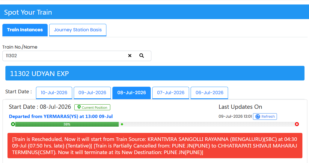 PSaptadeep's tweet photo. Train 11302 UDYAN EXPRESS (SBC–CSMT) is partially cancelled from Pune. What happens to booked passengers? Will refunds be automatic? Is any action required, and are alternate arrangements available?  @drmpune @drmmumbaicr @RailMadad
@Central_Railway @RailwaySeva @RailMinIndia https://t.co/hmxLT7yFEa