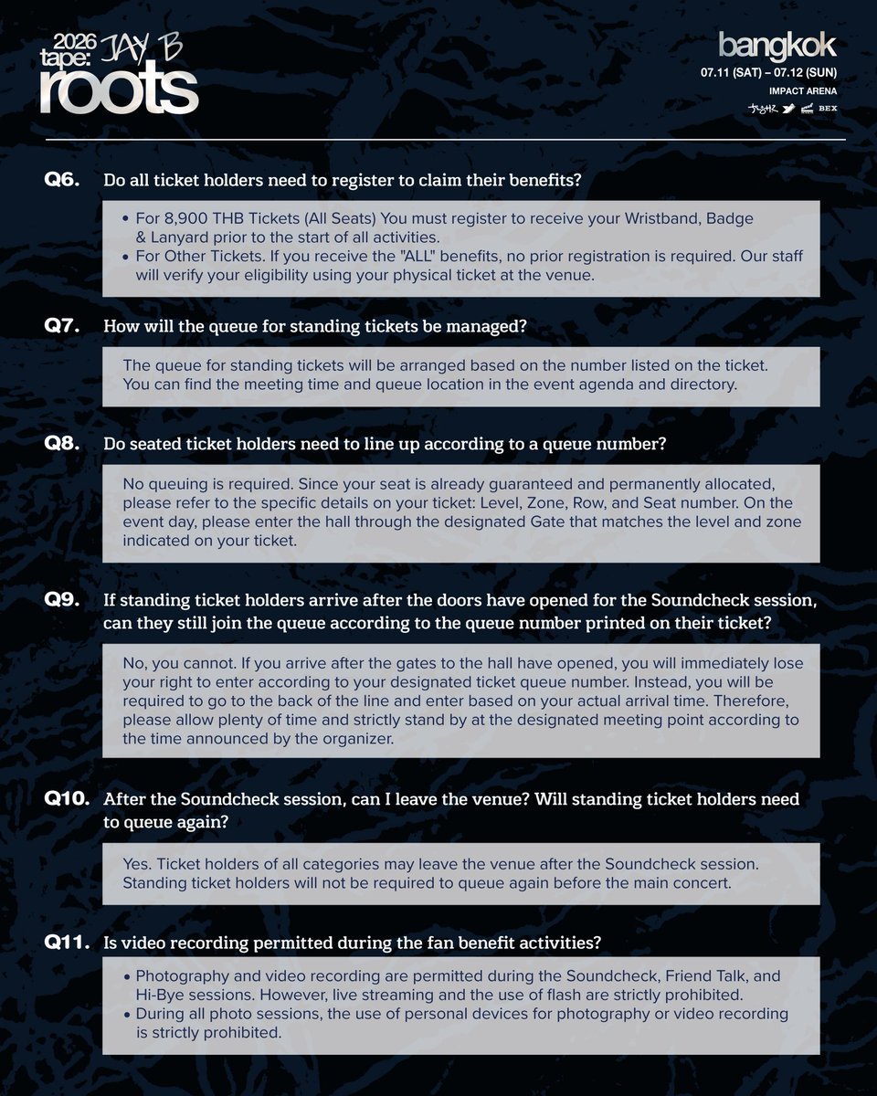 BEX_Concert's tweet photo. HOW TO PICK UP THE TICKET(S) & FAQ: 2026 JAY B tape: roots bangkok 🍃
Ticket Collection Procedures & Show Day FAQ

All attendees are kindly requested to check the ticket collection steps and prepare the necessary documents for a fast and smooth process at the venue.
You can also review the event details in our FAQs to get ready before the concert. 💚

2026 JAY B tape: roots bangkok
🗓️ 07.11 (SAT) - 07.12 (SUN) 
⏰ 6PM
📍 IMPACT ARENA

#JAYB 
#2026tape_roots_bangkok
#528Hz #YJPARTNERS #BEX