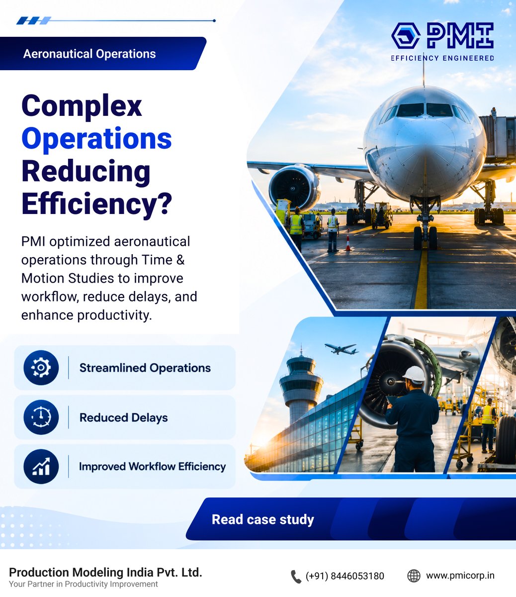 PMIPvtLtd's tweet photo. ✈️ Optimizing Aeronautical Operations Efficiency with Time & Motion Study
Are complex operational workflows causing delays & impacting efficiency?
In the aeronautical industry, every second counts.
#AeronauticalOperations #TimeAndMotionStudy #IndustrialEngineering #TimeStudy https://t.co/c0cAdaO2zq