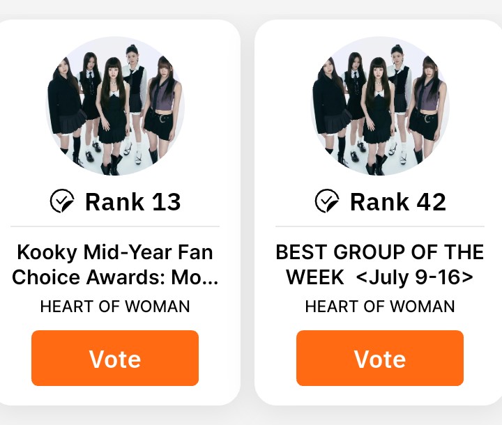 aynefav's tweet photo. Kooky Voting Update! ✨
We are doing so well! Heart of Woman is currently at Rank 13 for the Mid-Year Awards, which is amazing! 🥹🤍
At the same time, the new weekly vote just opened and they are starting at Rank 42. https://t.co/XL8rq70mH8
