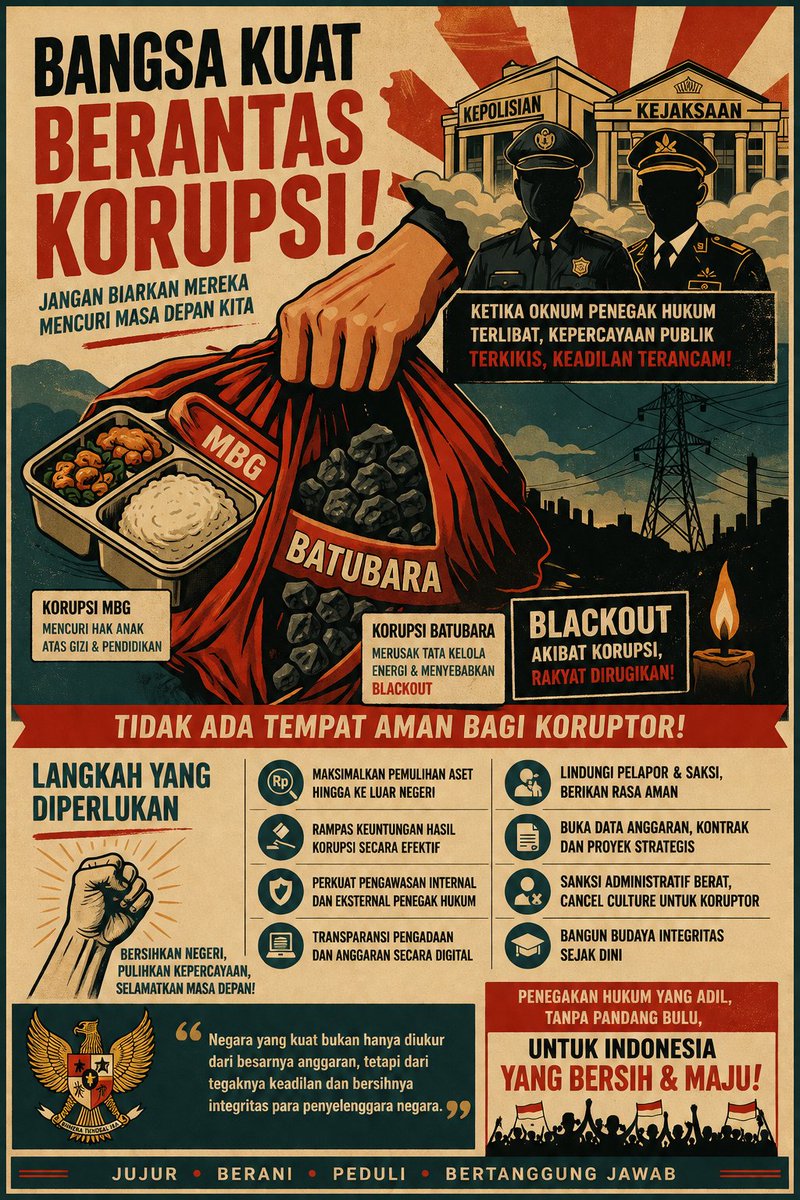 RicKY_KCh's tweet photo. Korupsi bukan cuma deretan angka di laporan audit.

Di baliknya, ada anak-anak yang kehilangan hak atas gizi layak, warga yang harus hidup dalam gelap saat listrik tak menyala, sekolah yang tak pernah selesai dibangun, dan rumah sakit yang kekurangan alat serta fasilitas.

Yang lebih menyakitkan, ketika dugaan korupsi melibatkan oknum dari lembaga yang seharusnya menjadi penjaga keadilan, kepercayaan rakyat ikut hancur.

Rakyat sudah lelah dengan sandiwara pemberantasan korupsi.  
Yang dibutuhkan adalah penegakan hukum yang berani, terbuka, dan tidak tebang pilih.

Miskinkan koruptor.  
Sita seluruh aset hasil kejahatan.  
Kembalikan setiap rupiah kepada rakyat.  
Dan pastikan siapa pun yang terbukti bersalah bertanggung jawab di hadapan hukum.

Negeri ini terlalu kaya untuk terus dibuat miskin oleh korupsi.

Karena jika hukum hanya tajam ke bawah, keadilan pelan-pelan kehilangan maknanya.

#LawanKorupsi #IndonesiaBersih #TegakkanKeadilan #BerantasKorupsi #SelamatkanIndonesia