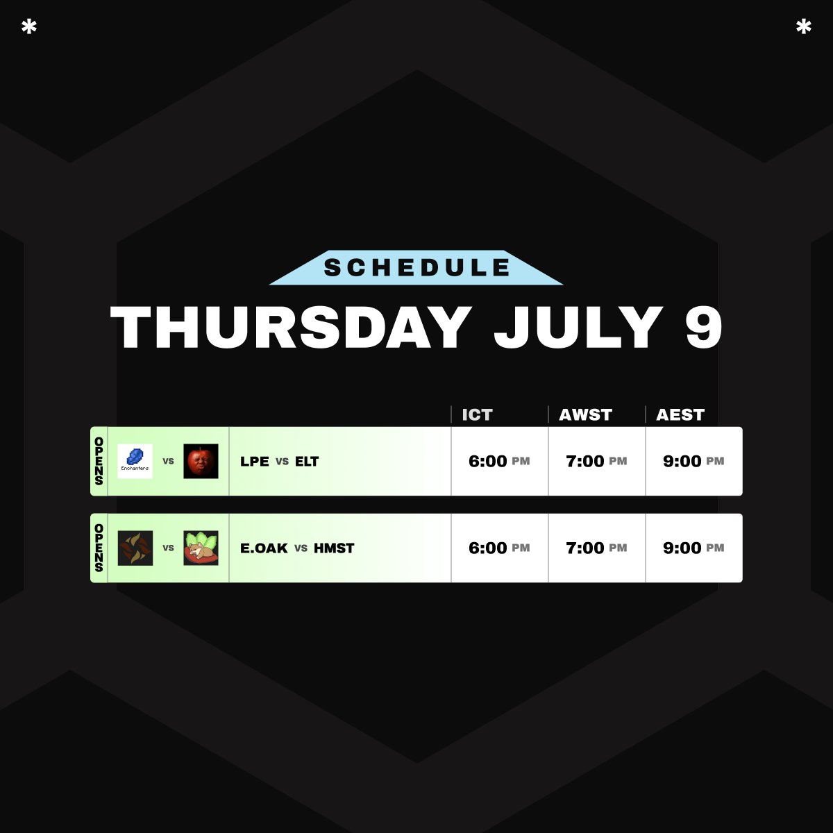 OCEOW_ESPORTS's tweet photo. #FACEIT OCE WEEK 3 DAY 4
🔸 Lapis Enchanters vs EL TANOS
🔸 @ELMT_GG Oak vs Hamster
⏰ Games start in 2 hours! https://t.co/i0QhRKwe2Y
