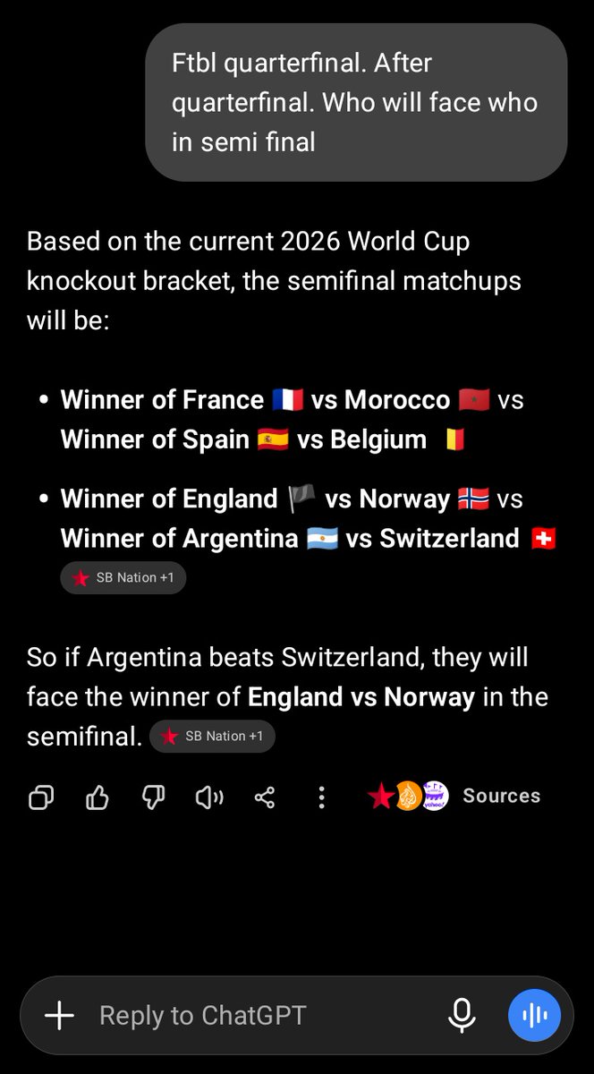 shabgfx's tweet photo. I asked chatgpt who will face who in semi final, and it says Argentina will face England or Norway in the semi final. 

Everyone knows messi Argentina is must. https://t.co/URp7r0GnxZ