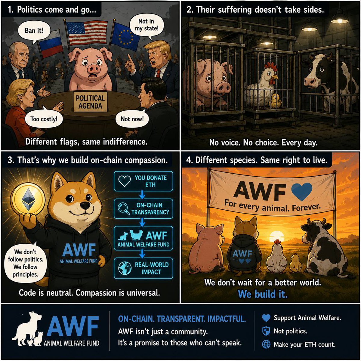 AVashnik's tweet photo. The AWF community — 1700+ members from 100+ countries — was built on Vitalik’s vision of using crypto to create real-world impact.

Through a 2% on-chain donation mechanism, thousands of small contributions have already reached nearly 290 ETH (~$510K at $1761/ETH).

EA’s work in animal welfare is meaningful and deserves recognition. This mission matters, and the community stands behind it.

But transparency matters too.

Four days ago, EA completed the 4th withdrawal of 2.89 ETH.
Yet to this day, there is still no clear disclosure of fund allocation or usage. No confirmation. No acknowledgment.

Because of this, trust is fading. Members are leaving.

@VitalikButerin — this movement was inspired by your vision.
A call for transparency, or even a simple confirmation from you, could restore trust and bring this community back together.

Perhaps all this community ever needed… was a confirmation, a simple “thank you.”

@EffectvAltruism