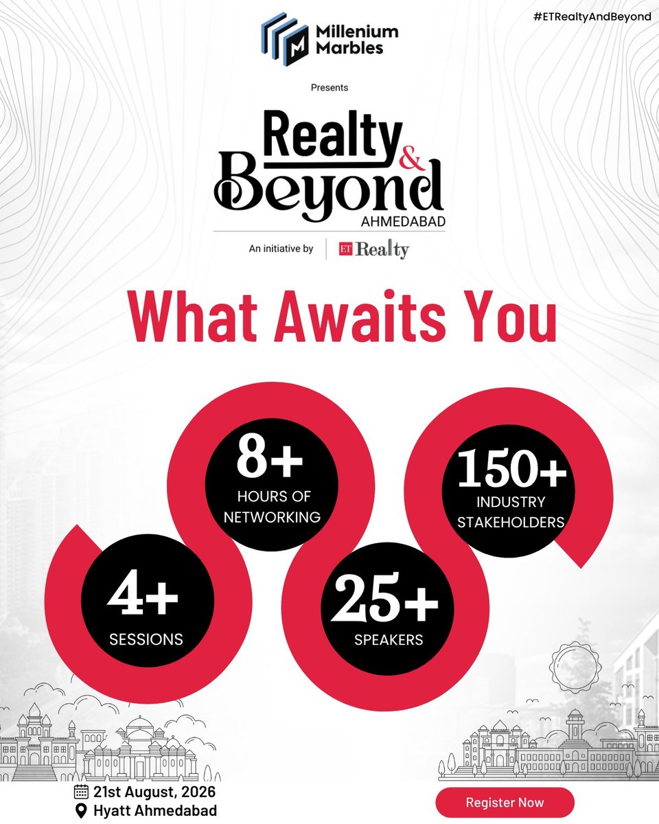 Realty_Et's tweet photo. What awaits you at Realty &amp; Beyond Ahmedabad 2026?

• 25+ expert speakers
• 4+ insightful sessions
• 8+ hours of networking
• 150+ industry stakeholders

21st August, 2026 | Hyatt Ahmedabad

Register Now: https://t.co/l63BSWJMeJ

#ETRealtyAndBeyond #ETRealty #RealEstate https://t.co/X4PqjbKFI5