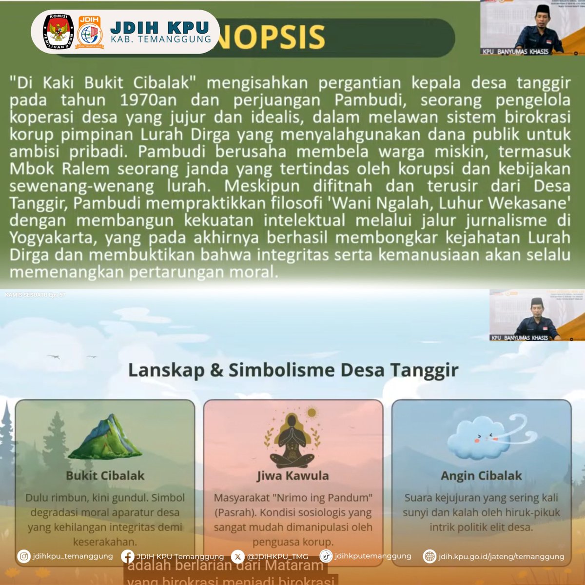 JDIHKPU_TMG's tweet photo. Halo #sobatjdihkputemanggung KPU Kabupaten Temanggung ikuti kegiatan Kajian Rutin Kamis Sesuatu.

Di Kaki Bukit Cibalak karya Ahmad Tohari bukan sekadar menceritakan kehidupan masyarakat desa, tetapi juga menghadirkan potret tentang pertarungan antara integritas dan kekuasaan. https://t.co/toYbf4jWQE