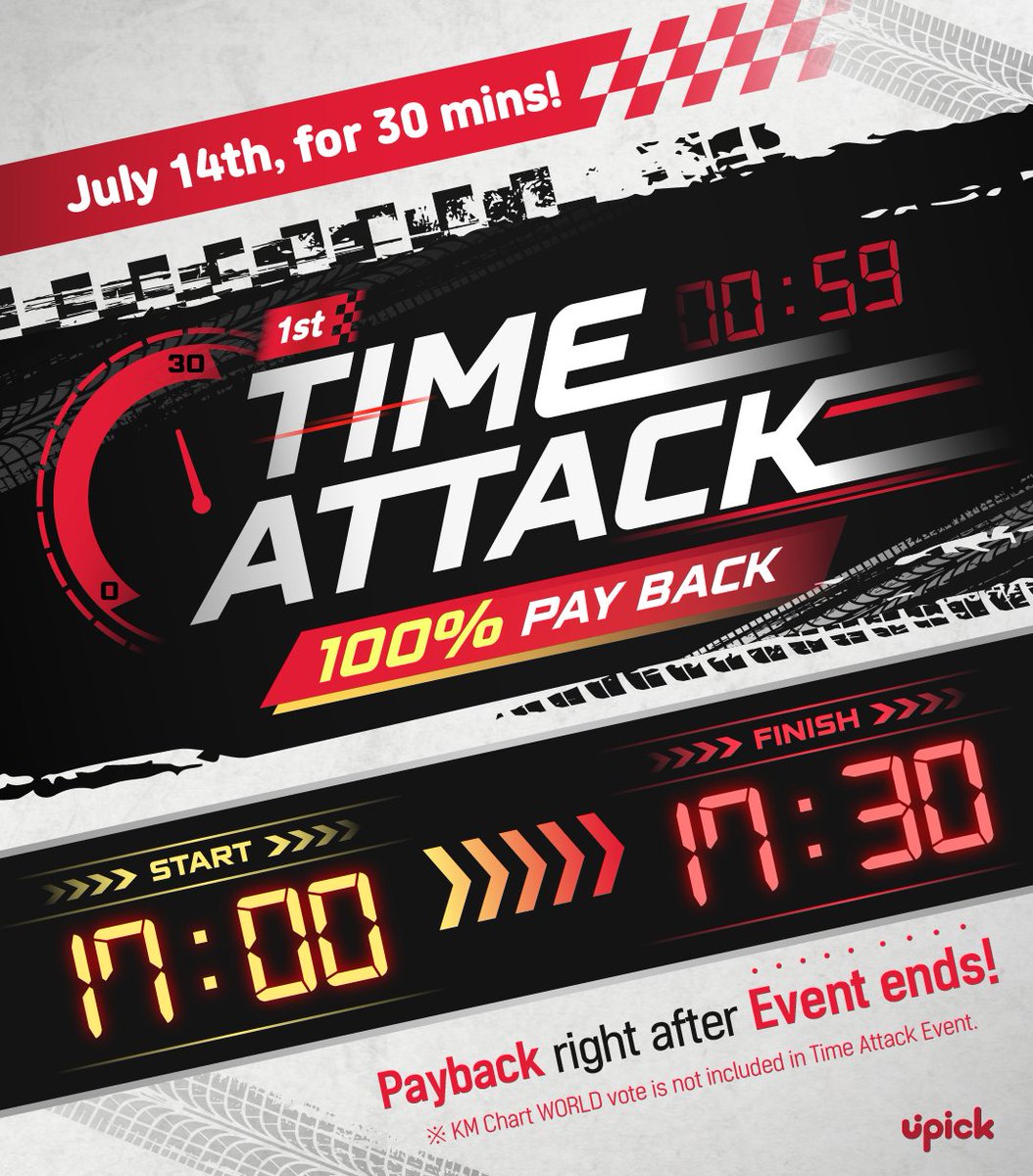 UPICK_twt's tweet photo. ⏰TIME ATTACK EVENT
🗓️ 1st _ 7/14 5PM ~ 5:30 PM KST
   └ 1차 당일 지급 (1st : On the Day)

🚨KM Chart WORLD 투표는 타임어택에 포함되지 않습니다
🚨KM Chart WORLD vote is not included in Time Attack Event

잠시 후 타임 어택 이벤트가 시작됩니다‼️
TIME ATTACK EVENT will begin soon

오늘은 투표한 잼 *⸜⸜ 100% ⸝‍⸝‍* 로  돌려드려요 (☌ᴗ☌)--☆
Everyone who voted will get back *⸜⸜ 100% ⸝‍⸝‍* as much as you voted for