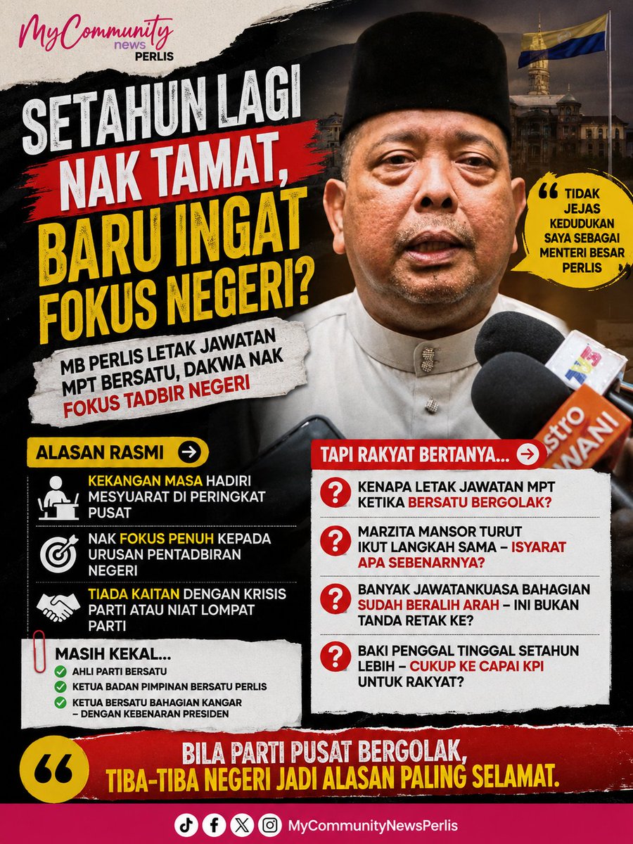 MyComNewsPerlis's tweet photo. 𝗦𝗘𝗧𝗔𝗛𝗨𝗡 𝗟𝗔𝗚𝗜 𝗡𝗔𝗞 𝗧𝗔𝗠𝗔𝗧, 𝗕𝗔𝗥𝗨 𝗜𝗡𝗚𝗔𝗧 𝗙𝗢𝗞𝗨𝗦 𝗡𝗘𝗚𝗘𝗥𝗜?

MB Perlis dilapor lepaskan jawatan BERSATU atas alasan mahu fokus negeri. Rakyat berhak tanya: kenapa sekarang? Fokus itu baik, tetapi rakyat mahu hasil, pelaburan dan pentadbiran stabil. https://t.co/gSCT9nV2Xk