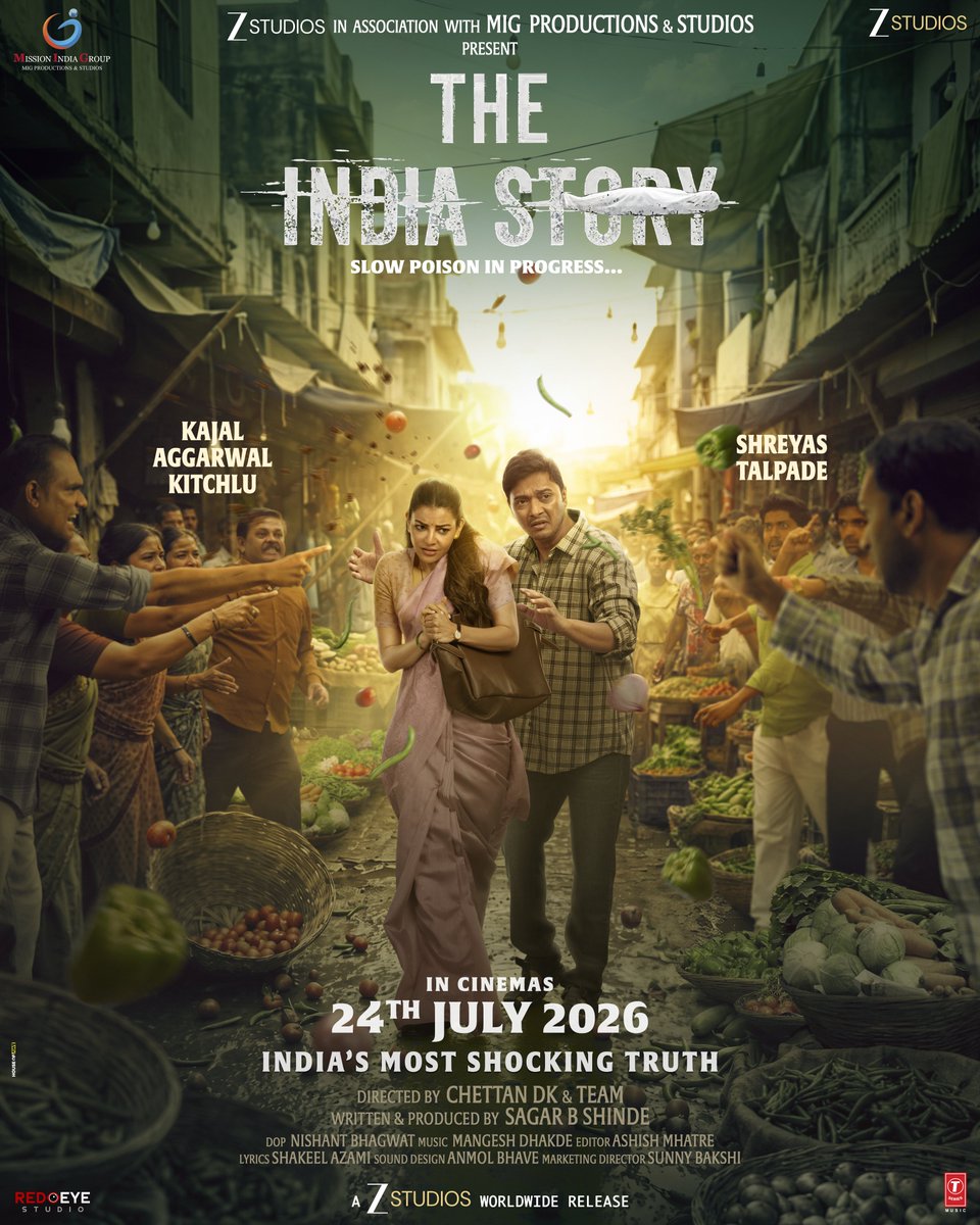 taran_adarsh's tweet photo. KAJAL AGGARWAL - SHREYAS TALPADE: 'THE INDIA STORY' NEW POSTER OUT NOW – 24 JULY 2026 RELEASE… The makers of #TheIndiaStory – starring #KajalAggarwal and #ShreyasTalpade – have unveiled a new poster ahead of the film's theatrical release on 24 July 2026.

The film tackles the issue of food adulteration and is set for a release in #Hindi, #Tamil, and #Telugu.

Presented by Zee Studios in association with MIG Productions & Studios, the film is directed by Chettan DK and produced-written by Sagar B Shinde.

Co-produced by Sumit Bagade, Anita Jadhav, Swati Vinayak Saidane, Kalpesh Shah, and Devyani Khorate... Prem Raj Joshi is the associate producer... A Zee Studios worldwide release.

#IndiasMostShockingTruth