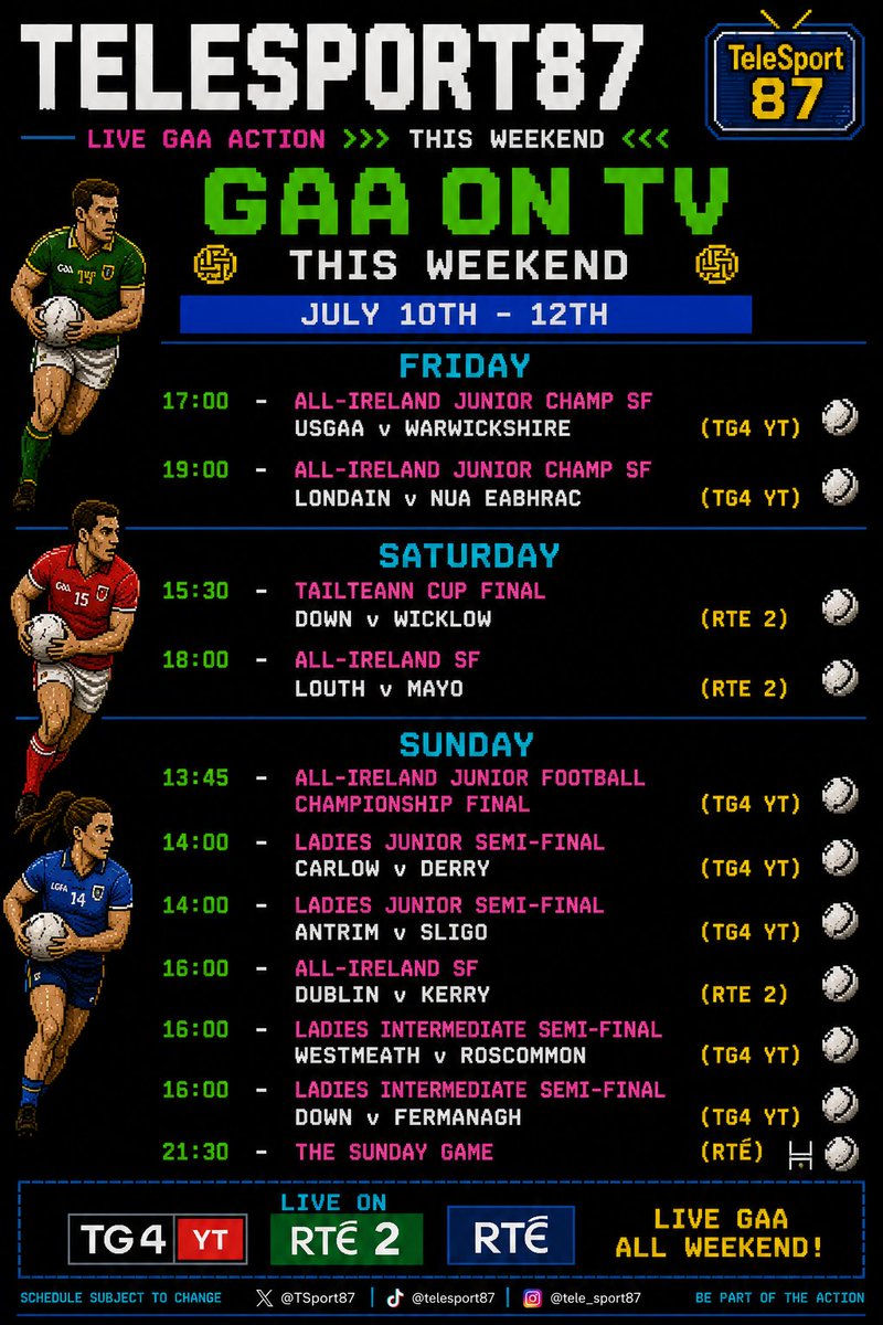 TSport87's tweet photo. The road to Croke Park heats up this weekend! 🏐🔥
The Tailteann Cup Final and All-Ireland Senior Football Semi-Finals take centre stage!
Who's booking a place in the All-Ireland Final? 👀
#TeleSport87 #GAA #AllIreland #TailteannCup #LGFA https://t.co/slDbcbrg99