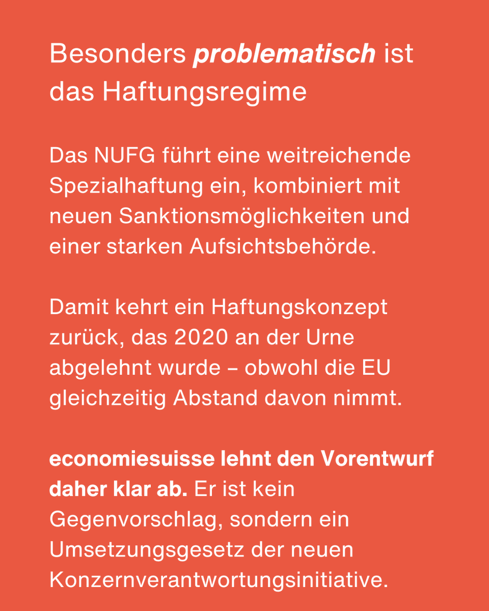economiesuisse's tweet photo. Gegenvorschlag zur neuen Konzernverantwortungsinitiative: Schweizer Sonderweg mit hohen Kosten für die Wirtschaft📋

Die Schweizer Wirtschaft hat die Nachhaltigkeitsvorgaben nach 2020 umgesetzt – mit erheblichen Investitionen in Compliance, Sorgfaltspflichten und Berichterstattung. Das war möglich, weil der regulatorische Rahmen verhältnismässig und international anschlussfähig war.

Der Vorentwurf des neuen Unternehmensverantwortungs- und Nachhaltigkeitsgesetzes (NUFG) verlässt diesen Weg. Statt einer logischen Fortsetzung droht ein regulatorischer Systemwechsel: mit einer weitreichenden Spezialhaftung, einer einzigartigen Aufsichtsarchitektur und erheblichen zusätzlichen Belastungen entlang der gesamten Wertschöpfungskette. 

Hinzu kommt, dass die EU ihre Nachhaltigkeitsregulierung aktuell entschlackt, während die Schweiz selektiv die strengsten Elemente einer inzwischen überholten Regulierung übernehmen und teilweise sogar verschärfen würde. Betroffen wären längst nicht nur grosse Konzerne, sondern über den Trickle-down-Effekt auch zahlreiche KMU.

Besonders stossend ist die geplante Spezialhaftung: Was die Schweizer Stimmbürgerinnen und Stimmbürger 2020 an der Urne verworfen haben und selbst die EU mittlerweile fallen lässt, soll in der Schweiz nun durch die Hintertür zurückkehren.

Nachhaltigkeit braucht wirksame und praktikable Regeln. Ein Schweizer Sonderweg mit mehr Bürokratie, Rechtsunsicherheit und Wettbewerbsnachteilen ist der falsche Ansatz.

economiesuisse lehnt den Vorentwurf des NUFG daher klar ab. Er ist kein ausgewogener Gegenvorschlag, sondern de facto ein Umsetzungsgesetz der neuen Konzernverantwortungsinitiative.

🔎 Mehr dazu im Beitrag von Erich Herzog: https://t.co/vBKcKbPRQm