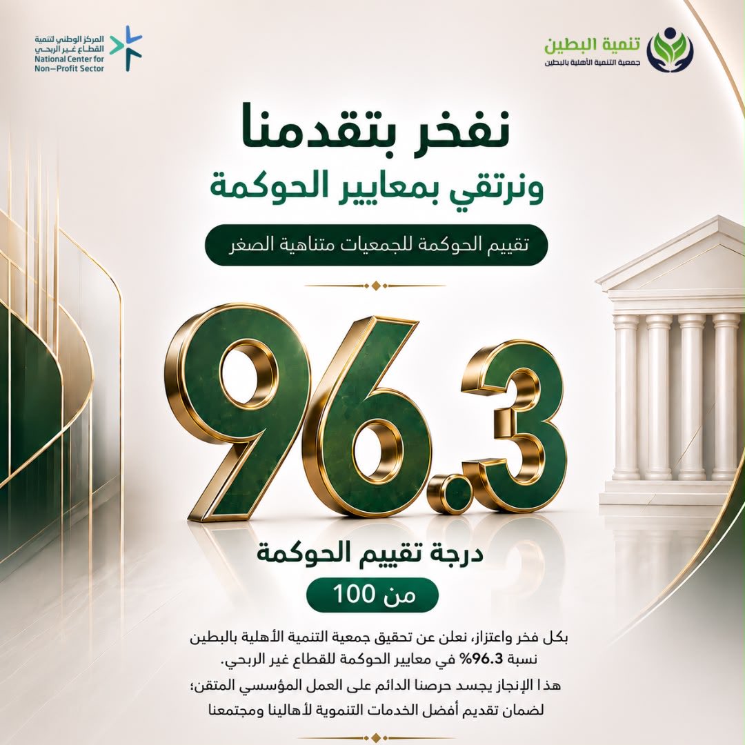 TanmiahButain's tweet photo. نفخر بهذا الإنجاز. ✨
حققت جمعية التنمية الأهلية بالبطين 96.3 من 100 في تقييم حوكمة المنظمات غير الربحية، تأكيدًا لالتزامها بالشفافية والتميز المؤسسي. 🤍
#جمعية_التنمية_الأهلية_بالبطين
#حوكمة_الجمعيات
#المركز_الوطني_لتنمية_القطاع_غير_الربحي https://t.co/fTqYQIaaem