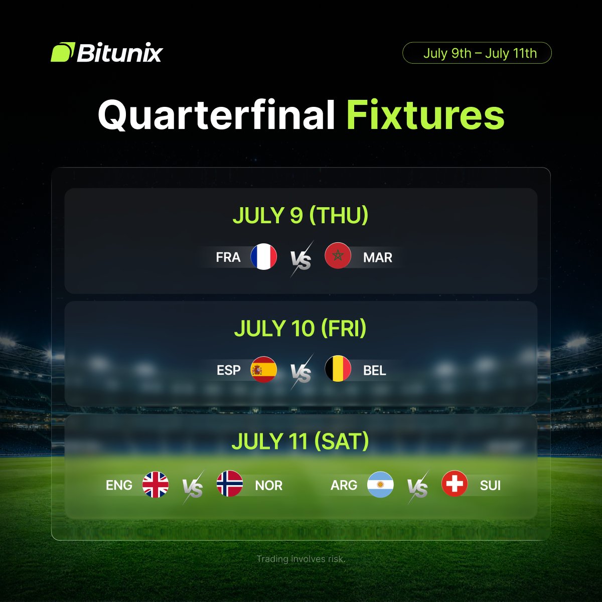 BitunixOfficial's tweet photo. ⚽ The stakes are higher. The battles get tougher.

The Quarterfinals are set, with four clashes ready to decide who moves one step closer to the title.

Who are you backing? https://t.co/rWtfgVWllG