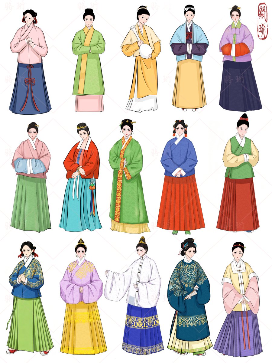 henghengya99274's tweet photo. 中国明代女子汉服装束合集：
我从去年10月份开始，一边学习明代汉服知识一边进行绘制。明代女装在明初至明末近三个世纪的演变中，始终保持着上衣下裙的“两截穿衣”模式。马面裙作为明代裙装的主流不仅贯穿整个明代，还延续到了清代。而服饰的衣长色彩纹样领型等，都随着时代风尚的转变而不断更替。 https://t.co/ZSSMLDTSqi