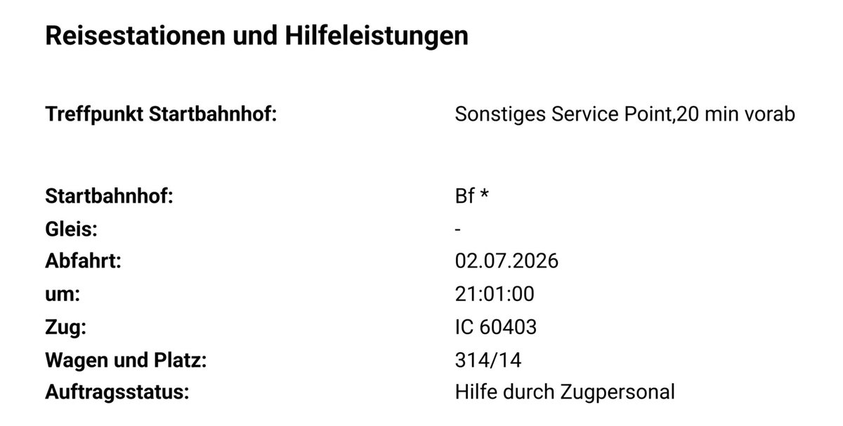 DerFrankyman's tweet photo. Als in Amsterdam die Anmeldung der Hilfeleistung nicht im System war, wurden wir gebeten, die Anmeldebestätigung zu zeigen.
Und dann wurden wir vorwurfsvoll angeschaut und mussten erstmal erklären, dass das in Deutschland immer so aussieht.
Denn bei der Bahn hat man uns schon vor Jahren erklärt, dass bei Auslandsanmeldungen diese Daten unvollständig sind, teilweise händisch eingetragen werden und ruhig ignoriert werden können.
So steht dort kein Startbahnhof und "Anmeldung ans Zugpersonal", obwohl ans Bahnhofspersonal angemeldet wurde und Treffpunkt Service Point ist.
In Amsterdam brachte uns das in Erklärungsnot.

Übrigens: Treffpunkt und Zeit bitte vor Ort nochmal erfragen, das stimmt auch immer wieder nicht.