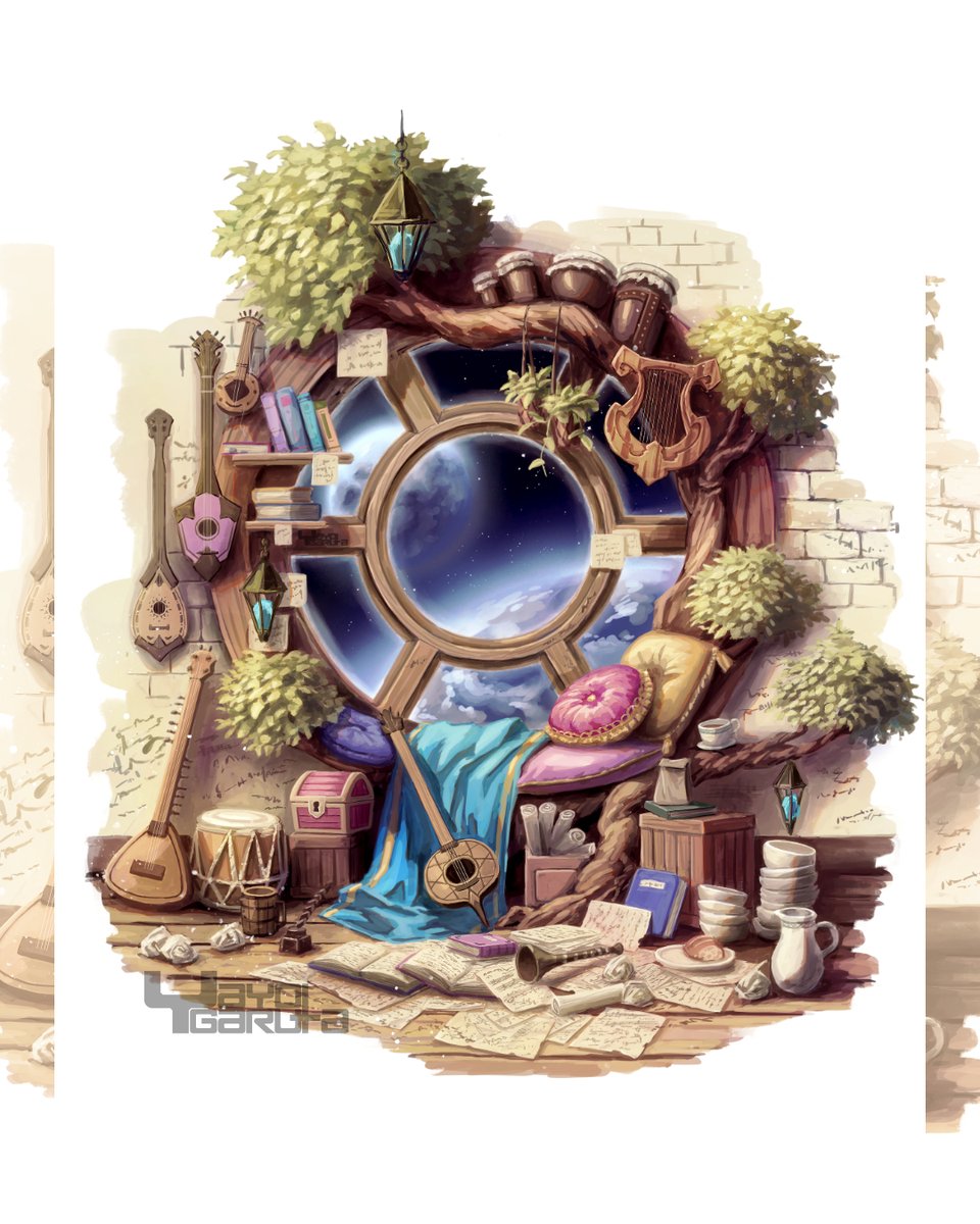 A_taisa's tweet photo. 「星を奏でて、」
創作イラストです。
吟遊詩人のアトリエの風景をイメージして制作しました。
窓は宇宙船の窓を模してデザインしています。

Tools: Clip Studio Paint, Adobe Photoshop CC
Created: Mar 2024 https://t.co/holGNC7hcf