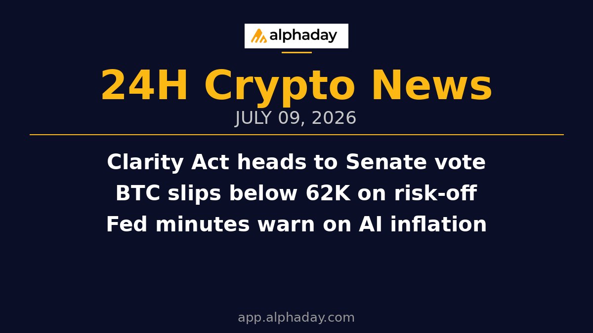 AlphadayHQ's tweet photo. 📰 Alphaday 24h Crypto Roundup — July 9, 2026

📑 Clarity Act Nears Senate Vote — CFTC's Selig says market-structure bill is near final; Coinbase, a16z push

📉 BTC Drops Below 62K — Bitcoin slides from 63K as oil spikes on US-Iran flareup; futures traders cut risk

🏛️ Fed Minutes Flag AI Inflation — Rate hike odds above 59%; risk-off hits crypto broadly

🟢 Strike Drops 'Volatility-Proof' BTC Loans — 6-month terms; survives an 80% BTC drop

📊 Tokenized Stocks Surge 105% to 8B — On-chain equity transfers jump as DTCC ramps trading

🇮🇳 India RBI Doubles Down on Crypto Ban — Push to bake prohibition into law; 40M at risk

🇰🇷 Toss + Optimism Pilot Won Stablecoin — Korea's 30M-user app and OP run 3-month POC

🛠️ DeFi Dashboard Zapper Calls It Quits — Cuban-backed tool shuts down after 7 years

And more at 👉 https://t.co/0DENmtJ6U5