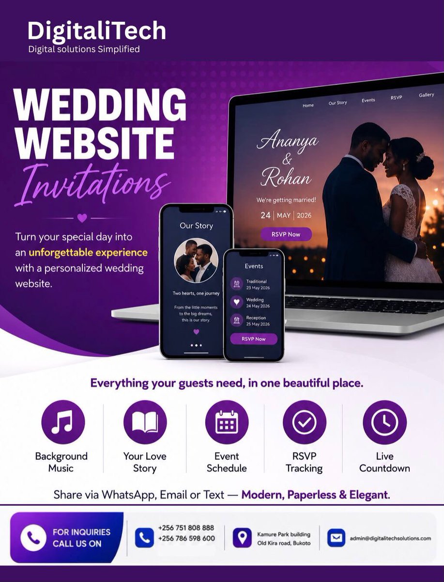 DigitaliTechug's tweet photo. Say goodbye to traditional invitations👋 
Welcome your guests with a modern, personalized wedding website featuring online RSVP, event updates, countdown, music, and your unique love story 💜

Book yours today and celebrate in style 💯 https://t.co/NquhSY94W7