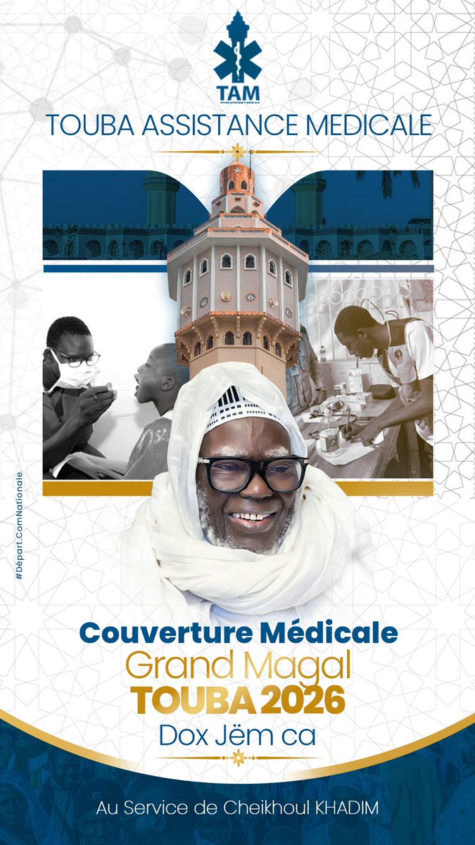 taminfos's tweet photo. Comme chaque année, Touba Assistance Médicale (TAM) se mobilise pour le Grand Magal en assurant une large couverture médicale sur l’ensemble de ses sites d’intervention.
À cette occasion, TAM invite tous ses membres à se mobiliser et à participer activement à cette noble mission https://t.co/P0G4P3GLIA