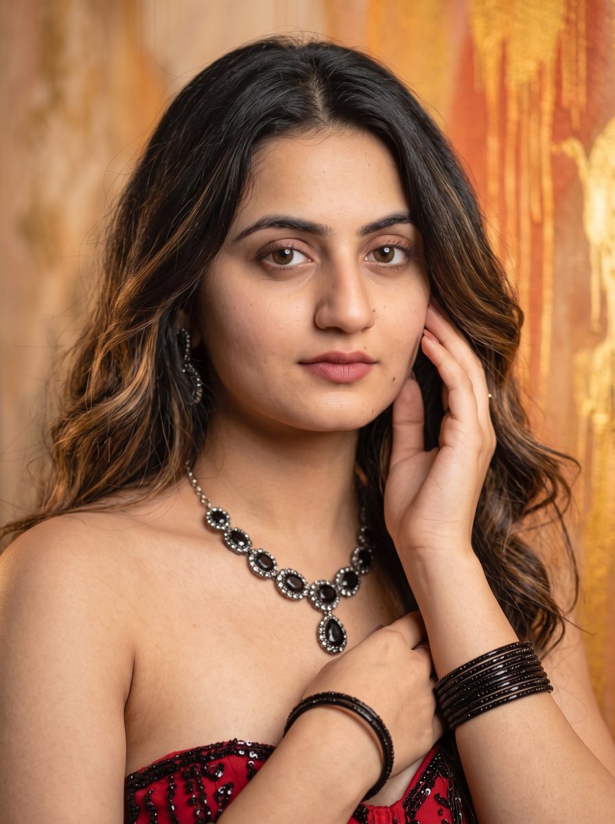 Glowechoo's tweet photo. "Confidence wears red, and elegance does the rest ♥️✨️."

Google Nano Banana 2

Prompt :
A highly detailed, photorealistic portrait of a stunning woman in her mid-20s with a voluptuous hourglass figure, standing in a confident three-quarter pose. She has long, voluminous wavy hair with caramel-brown highlights cascading over one shoulder, flawless glowing skin with a dewy makeup finish, perfectly arched eyebrows, smoky eye makeup with long lashes, and bold red lipstick. She wears a striking strapless red evening gown with intricate black floral sequin and bead embellishments, sheer mesh panels on the bodice, a deep sweetheart neckline that accentuates her ample cleavage, ruched detailing at the waist, and a form-fitting mermaid silhouette that hugs her curves down to the floor.
She is accessorized with a sparkling statement necklace featuring dark gemstones. Her left hand rests on her hip while her right hand lightly touches a textured, artistic wall. The background is a dramatic abstract painted wall with dripping gold, orange, yellow, and brown textures, creating rich warm lighting with soft rim lighting and subtle lens flare for a cinematic, high-fashion studio feel. Dramatic side lighting casts elegant shadows, highlighting her silhouette and the dress's sparkle. Shot on a professional camera with shallow depth of field, 85mm lens, f/1.8 aperture, ultra-high resolution, 8k, intricate details, sharp focus, glamorous and seductive mood.