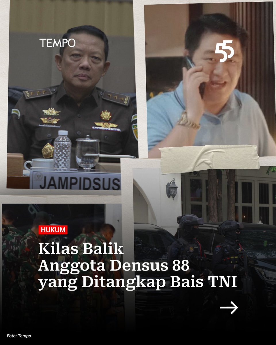 tempodotco's tweet photo. Penangkapan anggota Densus 88 Briptu Faisal bermula dari penguntitan terhadap Ferry Yanto Hongkiriwang yang diduga dekat dengan Jampidsus pada 2025.

Anggota Densus 88 itu berada dalam tim yang sama dengan personel yang membuntuti Jampidsus Febrie Adriansyah. https://t.co/AZLv5LYv6c