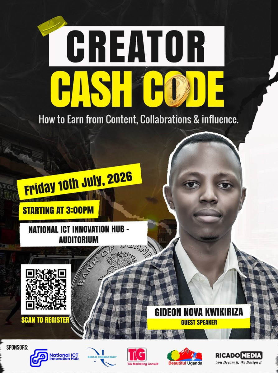 marketuganda's tweet photo. Creators, its time to turn influence into income, learn the real CASH CODE behind.
    -monetizing your content
    -landing brand collabrations 
    -Building influence that pays
With Gideon Nova Kwikiriza a live at National ict 
#Creator Economy# UG Tech# Digital creator https://t.co/Ns09CZ7dgs