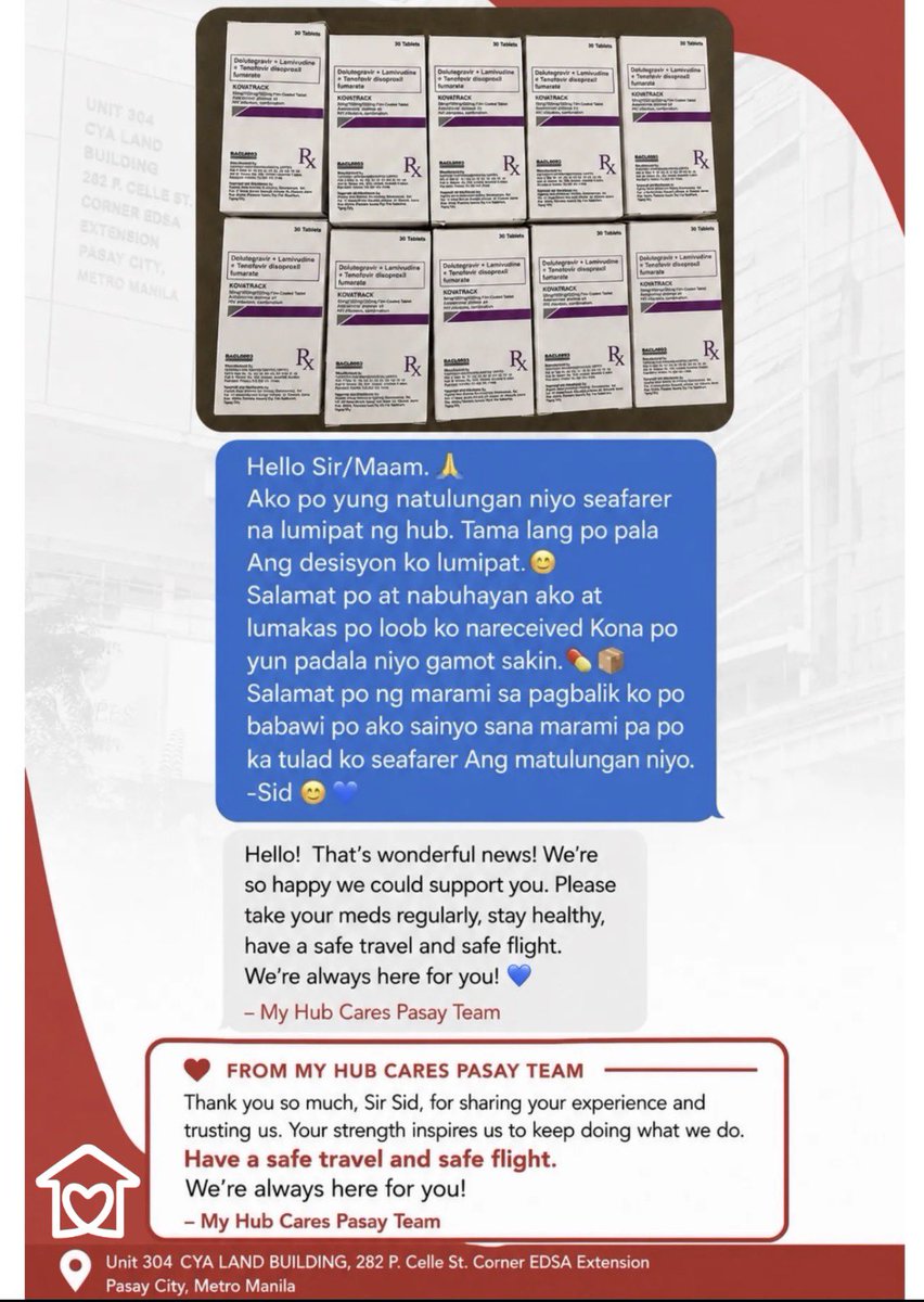 myhubcares's tweet photo. Salamat My Hub Cares Pasay for helping our seafarer PLHIV by providing him 10 bottles of TLD, enough during the course of his work contract. 

#alagangMHC
#myhubcares https://t.co/j9Z5JHPL6N