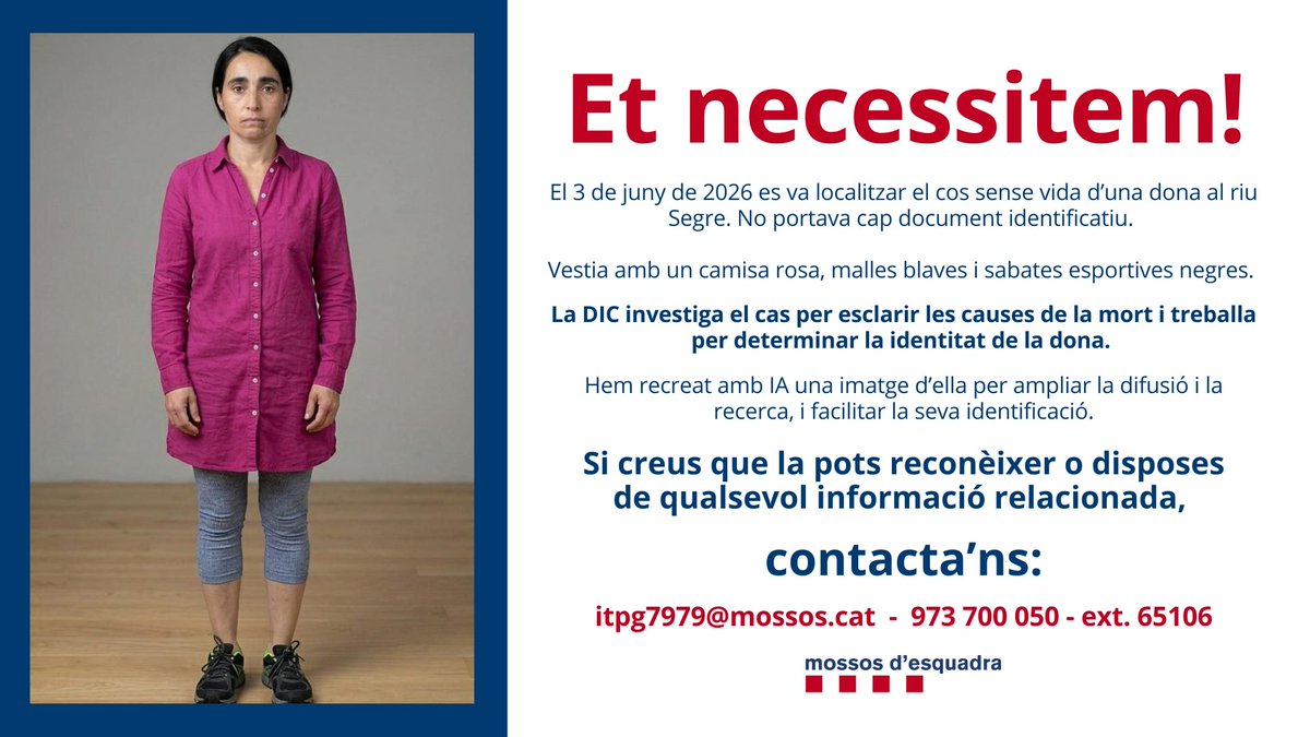 mossos's tweet photo. 🔴 COL·LABORACIÓ CIUTADANA

Treballem per identificar aquesta dona que vam trobar morta al riu Segre, a l'altura del pont dels Instituts, a Lleida, el 3 de juny.

Hem creat aquesta imatge amb IA. Si la reconeixes, contacta'ns 👇

📞 973 700 050, ext. 65106

📧 itpg7979@mossos.cat https://t.co/mHTf4fOmWg