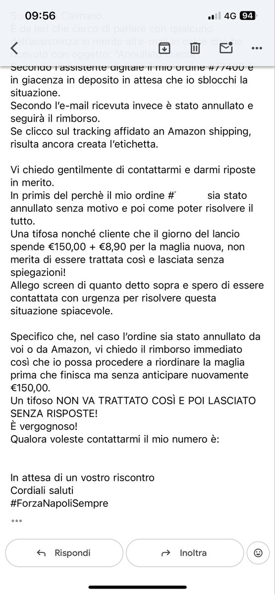 Scugnizzella91's tweet photo. Telenovela sull’ordine della nuova maglia annullato: 
Il 6 faccio l’ordine, ieri arriva l’e-mail dell’annullamento; li contatto tramite assistenza digitale e non ho nessuna risposta e non vengo ricontattata.
Sono incazzata e mi sento presa in giro! 
Aiutatemi!
#ForzaNapoliSempre https://t.co/DmzBvdM9up