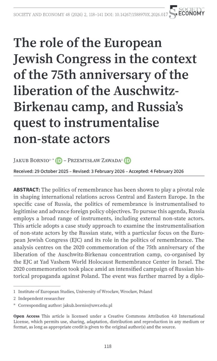 JakubBornio's tweet photo. New article, co-authored with Przemek Zawada.
We examine the Polish-Russian-Jewish 🇵🇱🇷🇺🇮🇱 triangle and analyse how Russia has sought to instrumentalise the European Jewish Congress in pursuit of its strategic objectives toward Poland.
Open access: https://t.co/AiP8yk3wL6 https://t.co/v7Hh1ubv01