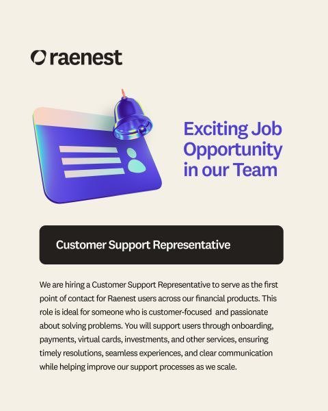 omoalhajaabiola's tweet photo. Raenest is looking for Customer Support Representatives to join our remote team in Nigeria. 

If you have 2+ years of experience delivering exceptional user support, we want to hear from you. This is an integral role focused on ensuring a seamless experience for our users across various channels.

How to apply
Ready to be the first point of contact for a global fintech platform? Apply via this link: https://t.co/n0vjDrGuDC