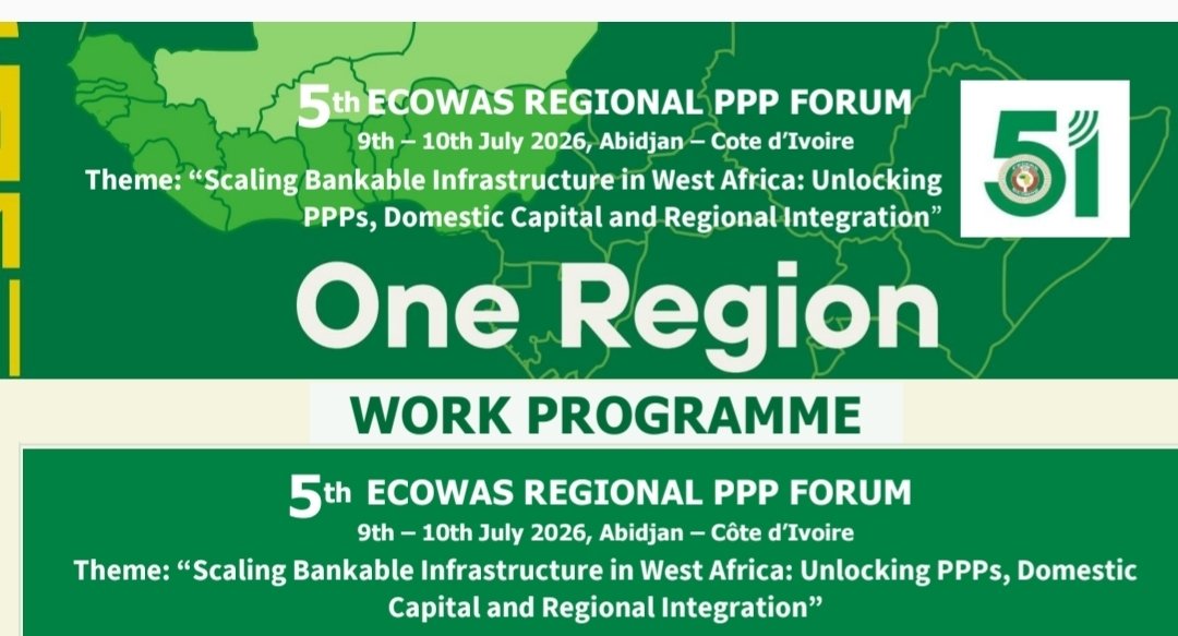 icrcng's tweet photo. Join the 5th ECOWAS Regional PPP Forum Live!

The Director General of the Infrastructure Concession Regulatory Commission (ICRC), Dr. Jobson Oseodion Ewalefoh, will be among the distinguished speakers at the 5th ECOWAS Regional Forum on Public-Private Partnerships (PPPs), taking place in Abidjan, Côte d'Ivoire, on 9–10 July 2026.

The Forum brings together policymakers, development partners, private sector leaders, and infrastructure experts to discuss the future of PPPs and infrastructure development across West Africa.

You are invited to participate virtually. Register using the link below: https://t.co/z5n5Uqazb2

After registering, you will receive a confirmation email with instructions on how to join the Forum online.
@ecowas_cedeao

#ICRC #ECOWAS #PPP #Infrastructure #WestAfrica #RegionalIntegration