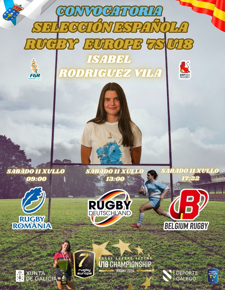 RugbyGalicia's tweet photo. Esta fin de semana disputarase o @rugby_europe  7s  U18 feminino  en Praga🇨🇿

👏🏻ISABEL RODRIGUEZ VILA, xogadora do CRAT e das @RugbyGalicia figura entre as convocadas 

🏉Grupo B 

⏰ Sábado 11

- 09.00 vs 🇷🇴 
- 13.00 vs 🇩🇪 
- 17.22 vs 🇧🇪 

O domingo os cruzamentos para as fináis https://t.co/CDQju7strV