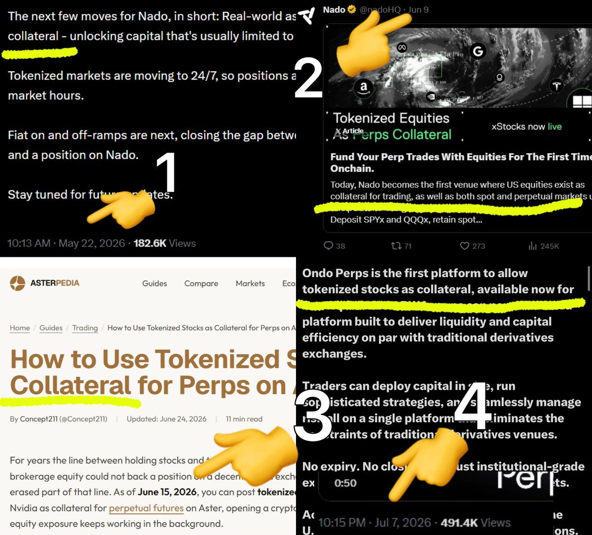 muarmemuar's tweet photo. Not to be pedantic, but the first perp DEX to allow tokenized stocks as collateral wasn't Ondo - it was Nado.

Here's the actual timeline:

May 22 - @nadoHQ announced its upcoming Season 2 upgrades, including: "Real-world assets are coming as collateral - unlocking capital that's usually limited to holding."

June 9 - Nado launched the feature and stated: "Nado becomes the first venue where US equities exist as collateral for trading, as well as both spot and perpetual markets under one portfolio-margin system." That was the first live implementation.

June 15 - @Aster_DEX announced a similar update: "Tokenized Stocks as Collateral for Perps."

July 7 - @OndoPerps introduced the feature on its perp DEX, but said: "Ondo Perps is the first platform to allow tokenized stocks as collateral."  

Based on the timeline, it would be more accurate to say third, not first.

Although if that's the standard we're using, then I guess I'm the first person who ever started writing about perp DEXs.😁 

By the way, you can now trade tokenized stocks via @xStocksFi on Nado or use them as collateral for perpetual trading, letting you farm points from both Nado and XStocks at the same time.

Hold xStocks on Nado - earn a 1.25× points multiplier
Trade xStocks - earn up to a 30% points bonus

These bonuses are available for another 89 days.

Nado - https://t.co/Dxuen2bYVP
xStocks - https://t.co/T4Pa5BQBFi