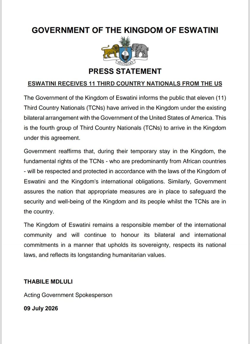 EswatiniGovern1's tweet photo. Government Statement: Government informs the Nation of the arrival of 11 Third Country Nationals from the United States of America. https://t.co/BuDPSaT9lk