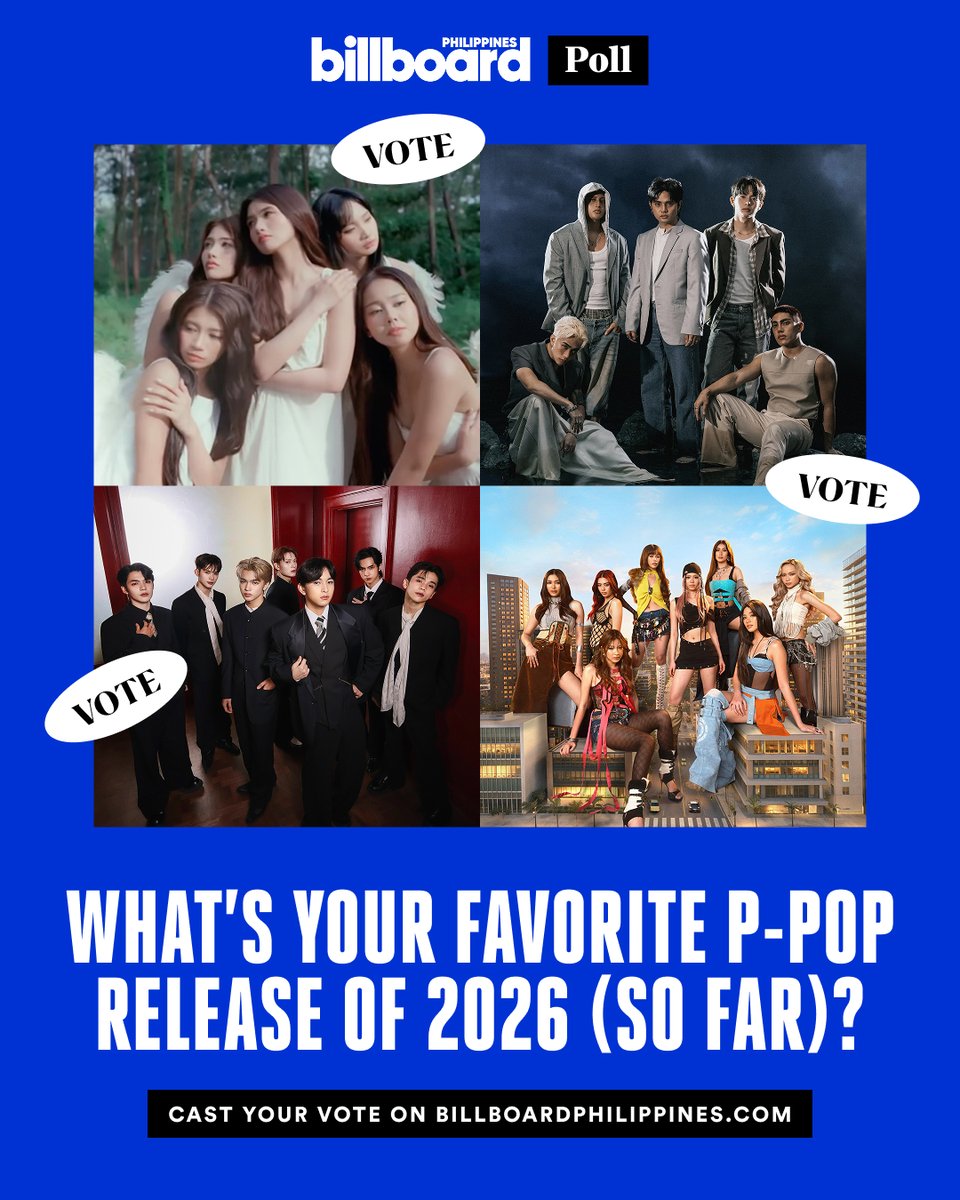BBPHOfficial's tweet photo. P-pop's first half of 2026 has been marked by standout releases, milestone moments, and a new generation of artists making their mark.

In celebration of the artist, releases, and passionate fans driving the P-pop genre forward, Billboard Philippines has rounded up as many P-pop singles, albums, EPs, and music videos released this year as possible into one poll.

Which P-pop release has been your favorite so far in 2026? Show your support by casting your vote and celebrating the artists behind the music.

Vote here: https://t.co/Wq8BhhkFMU

#BillboardPH
#BillboardPhilippines
