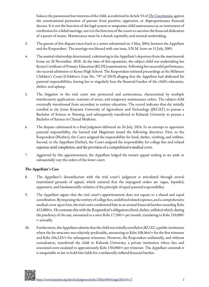 Thuranira_1's tweet photo. A mother cannot unilaterally transfer a child to another school and force the father to pay the increased costs.If she chooses a more expensive institution and lifestyle without the father's consent, she cannot automatically pass the additional financial burden to him. 

In this case, the mother transferred their daughter from JKUAT to the more expensive Kabarak University and the trial court ordered the father to pay all university fees, related expenses, and comprehensive medical cover. The father appealed, arguing that the transfer was made without consultation. 

The High Court agreed in part, holding that the father would only pay tuition equivalent to the JKUAT fee structure, while any additional tuition, accommodation and clinical placement costs at Kabarak University would be met by the mother.