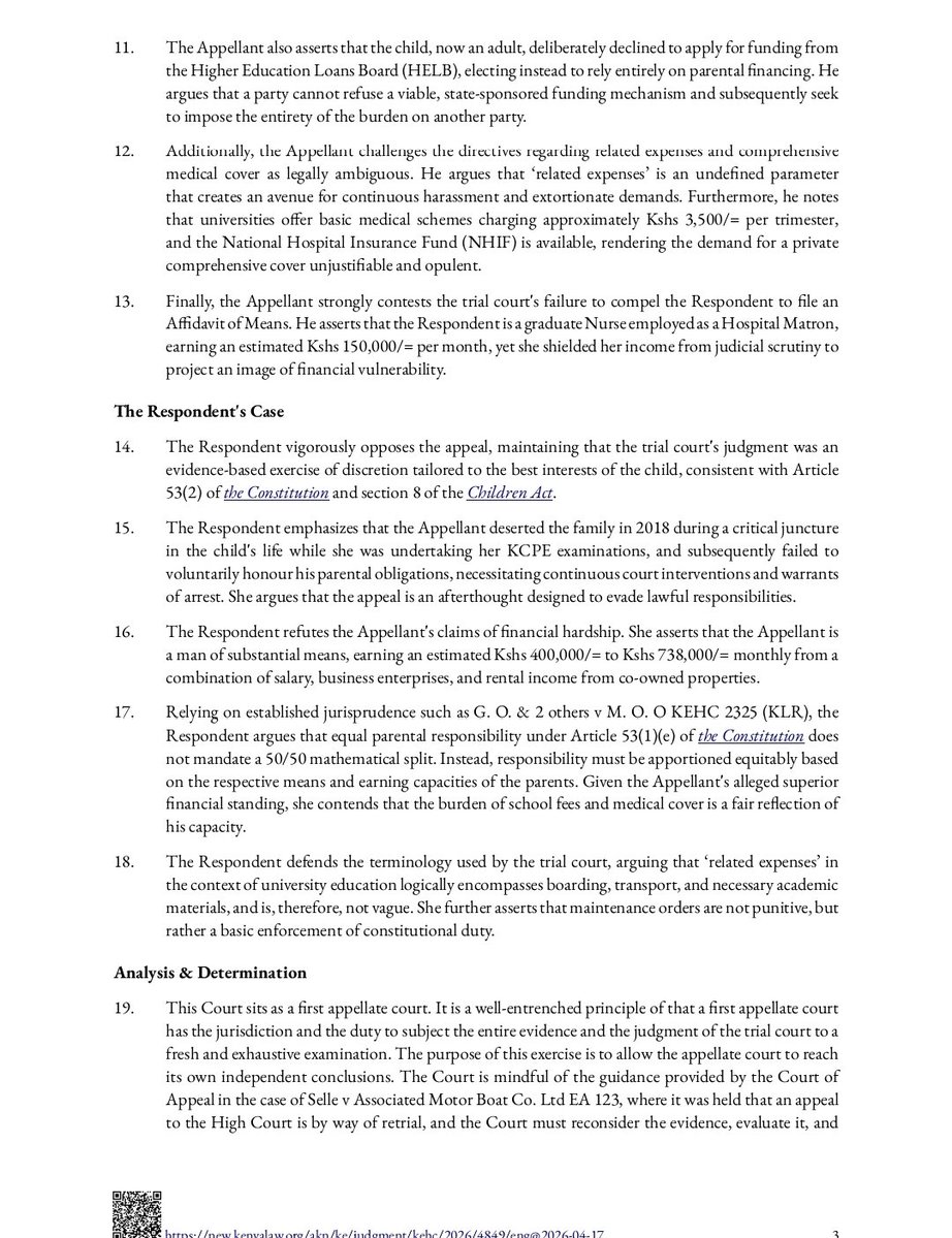 Thuranira_1's tweet photo. A mother cannot unilaterally transfer a child to another school and force the father to pay the increased costs.If she chooses a more expensive institution and lifestyle without the father's consent, she cannot automatically pass the additional financial burden to him. 

In this case, the mother transferred their daughter from JKUAT to the more expensive Kabarak University and the trial court ordered the father to pay all university fees, related expenses, and comprehensive medical cover. The father appealed, arguing that the transfer was made without consultation. 

The High Court agreed in part, holding that the father would only pay tuition equivalent to the JKUAT fee structure, while any additional tuition, accommodation and clinical placement costs at Kabarak University would be met by the mother.
