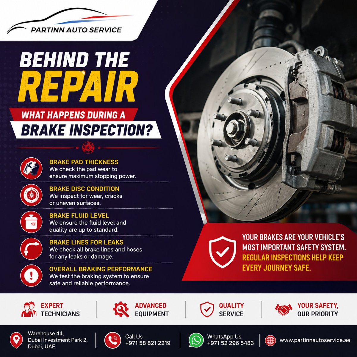 PartinnAuto's tweet photo. Repair
🔧 What Happens During a Brake Inspection?

📍 Warehouse 44, Dubai Investment Park 2, Dubai, UAE
📞 +971 58 821 2219
#BehindTheRepair #BrakeInspection #CarSafety #DubaiMechanic #PartinnAutoService #AutoExperts https://t.co/3BolfvuxYv