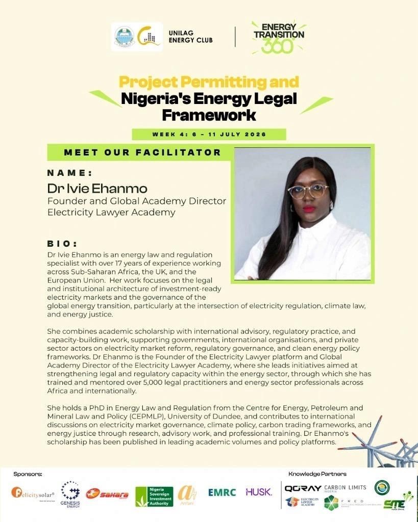 ElectricityL's tweet photo. We are excited to partner with the UNILAG Energy Club as a Knowledge Partner for the Energy Transition 360 Bootcamp 2026. 

Our Global Academy Director, Dr. Ivie Ehanmo, will facilitate a session on Project Permitting and Nigeria’s Energy Legal Framework. https://t.co/VT9BTIYiM9