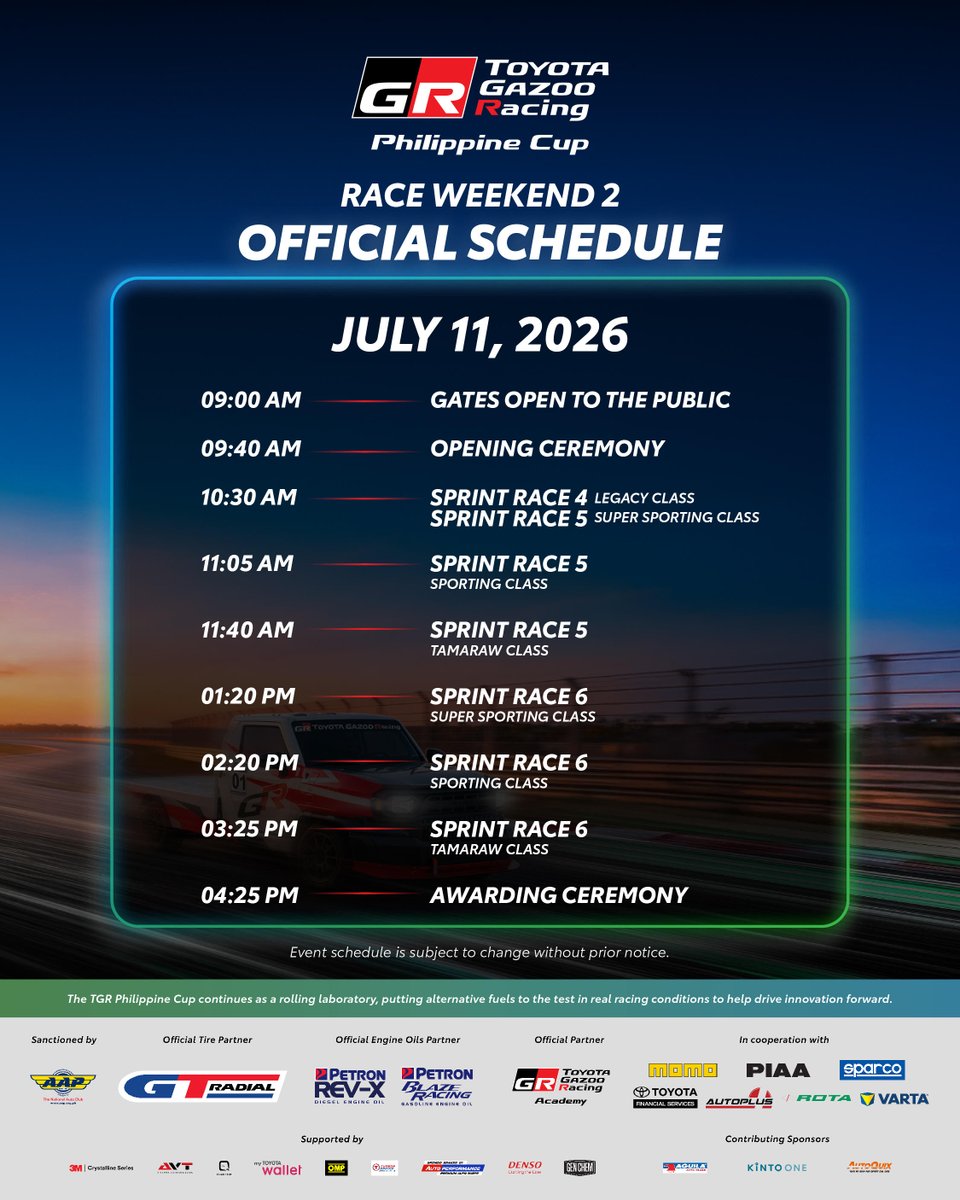 TGRPhilippines's tweet photo. Plans for the weekend? Already sorted. 🏆  Don’t miss the action and everything else waiting for you on July 11, 2026, at Clark International Speedway, Pampanga.

#TGRPhilippineCup2026 #TOYOTAGAZOORacing #PushingTheLimitsForBetter #TGRPhilippines https://t.co/iHPhUC3on3