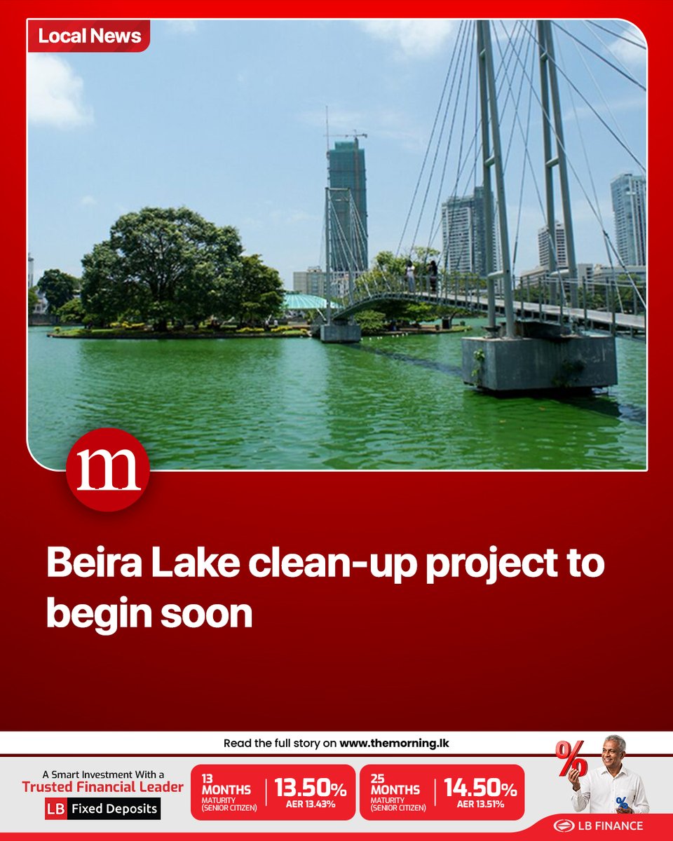 TheMorningLK's tweet photo. A special project to clean Beira Lake by introducing seawater into the lake is set to begin as an immediate solution.

The initiative will be jointly implemented by the Colombo Municipal Council, Urban Development Authority and Sri Lanka Land Development Corporation. https://t.co/enOgvjgpOD