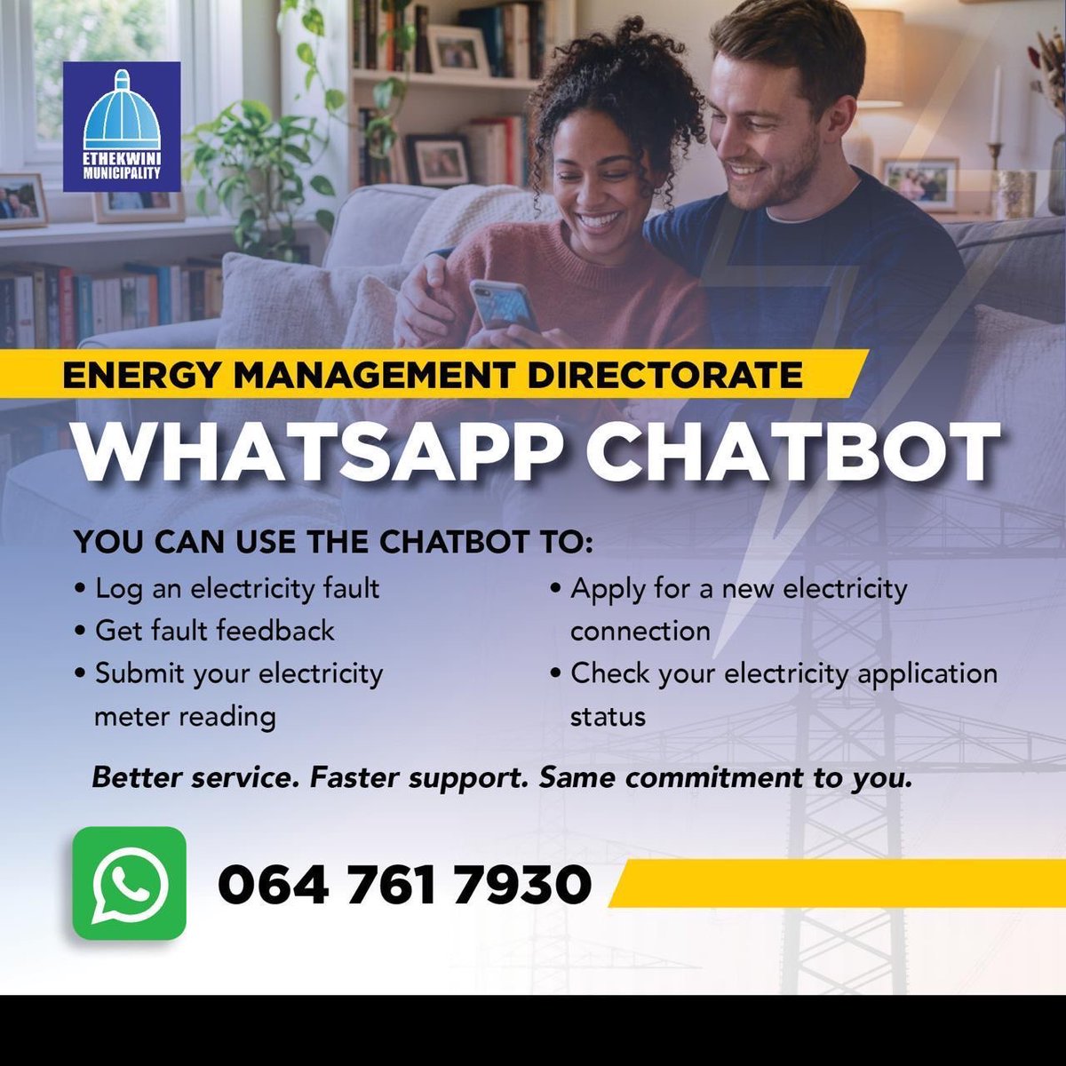 eThekwiniM's tweet photo. Need services at your fingertips? Our WhatsApp Chatbot makes it quick and easy to access a wide range of services anytime, anywhere! 
#WhatsAppChatbot  
#CustomerConvenience  
#DigitalServices  
#Innovation https://t.co/5mM53jAELf