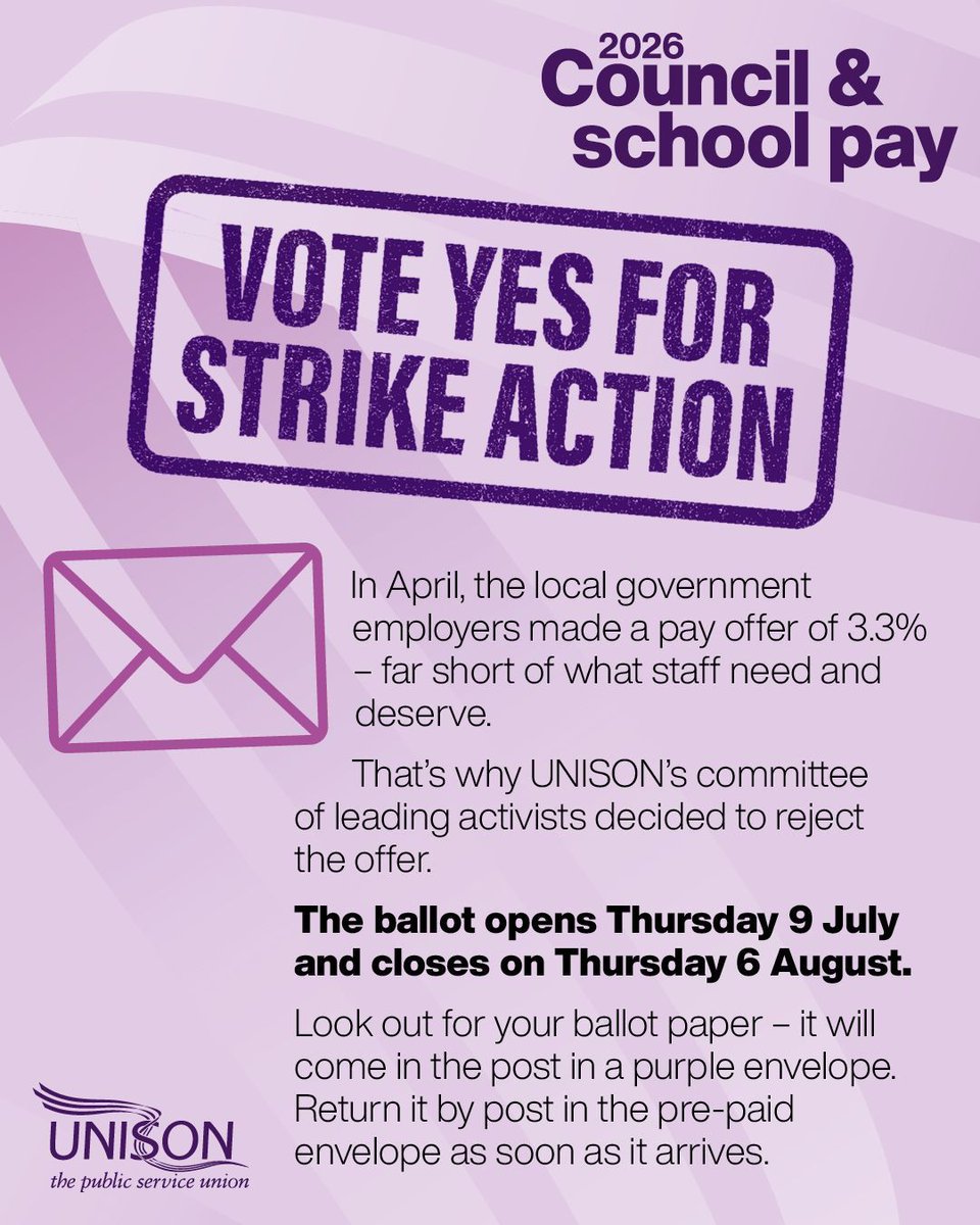 UNISONEastern's tweet photo. UNISON is balloting more than 200,000 council and school staff this month after employers made a pay offer that does nothing to stop the wages rot in local government.

If you’re part of the vote, look out for your ballot paper in the coming days. https://t.co/Hngq5O4WjJ