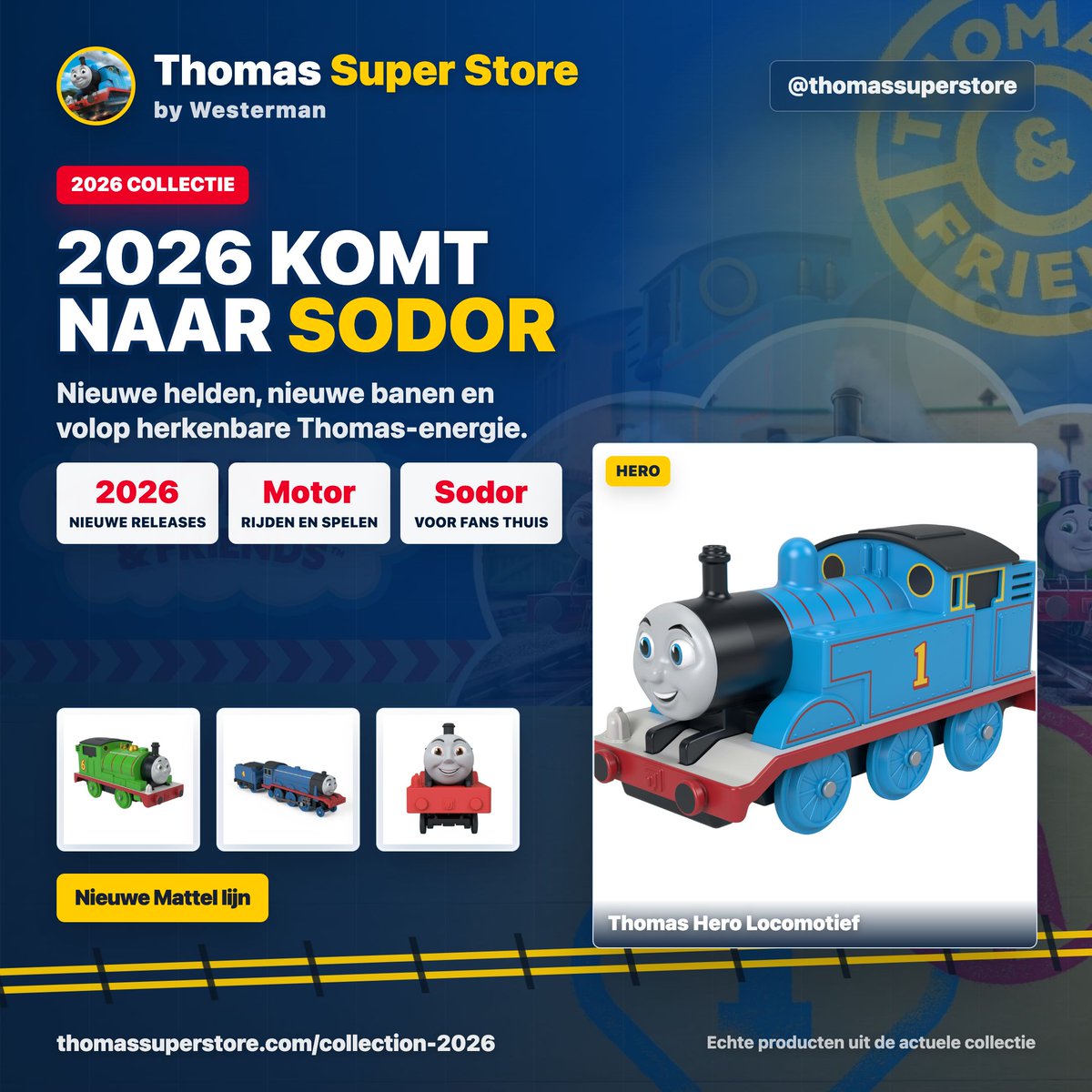 thomassuper02's tweet photo. De nieuwe 2026 collectie rolt Sodor binnen. Nieuwe helden, nieuwe banen en volop herkenbare Thomas &amp; Friends energie voor jonge fans en verzamelaars.

Bekijk de collectie:
https://t.co/H0HuEkjtf2

#ThomasAndFriends #ThomasSuperStore #Sodor #ThomasDeTrein #Speelgoedtreinen https://t.co/JSEfEdrjAf