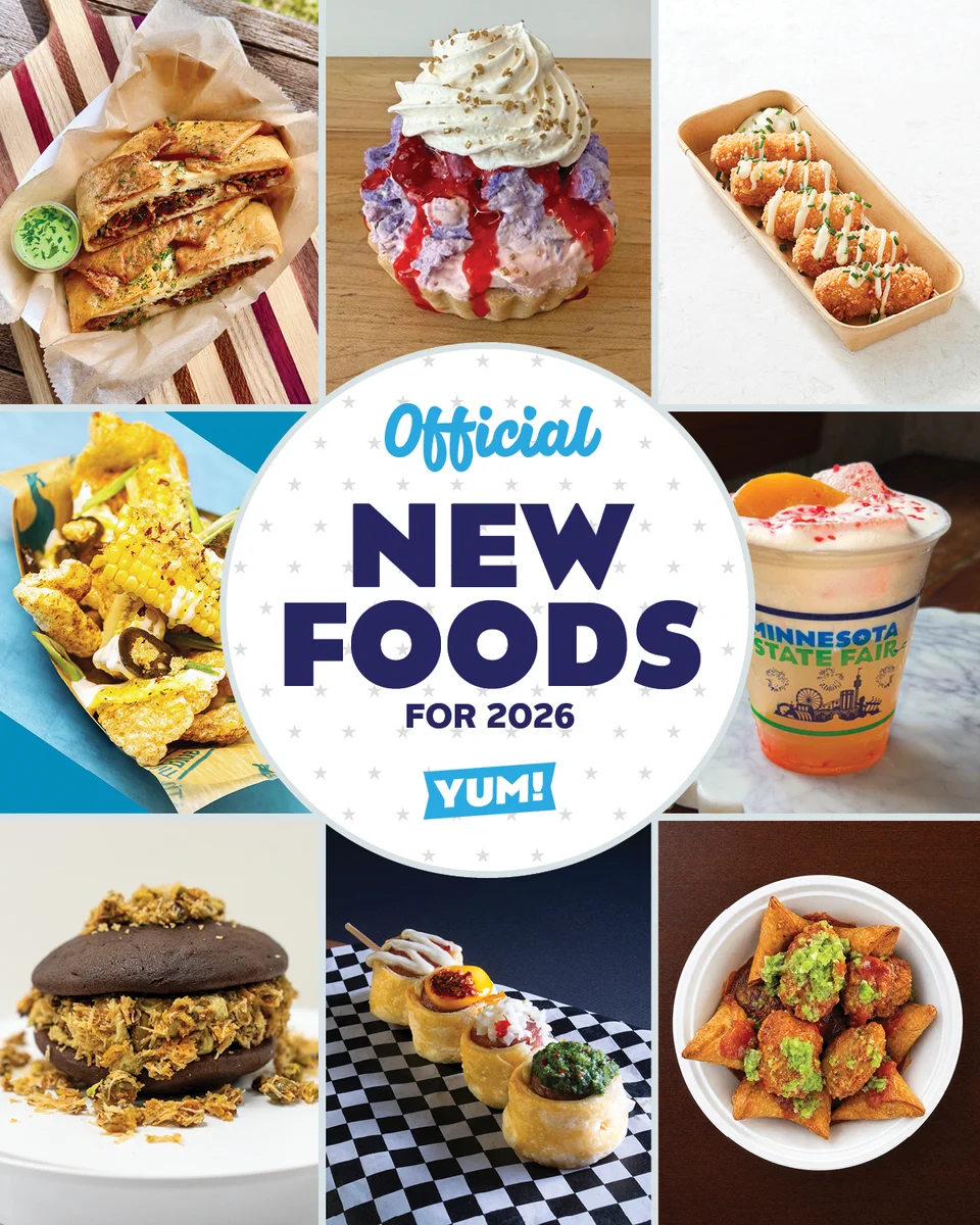 This image showcases a collage titled "Official New Foods for 2026," featuring a variety of dishes. Top left: stuffed crunch wrap with green sauce. (The Friend and the Furious: Cubano Drift) Top center: dessert with whipped cream. (Strawberry Ube Sundae Tart) Top right: box of croquettes sticks with aioli topping. (Chorizo Manchego Croquettes) Middle left: corn ribs with sauce. (Cracklin' Corn Ribs) Right center: Minnesota State Fair cup with cold foam and peach. (Sweet Peach Lemonade Sparkler) Bottom right: dark sandwich filled with shredded filling. (Dubai Whoopie Pie) Bottom middle: small puffs with a cream topping. (When Pigs Fly) Bottom right: bowl of sambusas with garnish. (Peri-Peri Bowl)