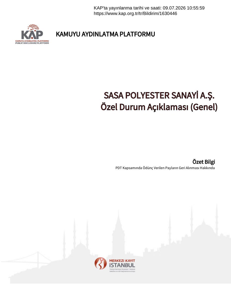 izmirliikaptan's tweet photo. #SASA Bugün (9 Temmuz 2026) gelen bu KAP açıklaması, günlerdir tahtada yaşanan o büyük fırtınanın ve dünkü "şeytanın aklına gelmeyecek plan" teorinin tam anlamıyla resmi, hukuki ve matematiksel itirafıdır.
Şirket resmen diyor ki: "Korkmayın, piyasaya taze lot saçılmıyor; biz kendi aramızda borç-alacak mahsuplaşması yapıyoruz."
Takipçilerimin hemen anlayacağı, panikleri bıçak gibi kesecek çok net bir "Küçük Yatırımcı Diliyle" özet hazırladım.

📢 SASA KAP BİLDİRİMİ NE ANLATIYOR? (KÜÇÜK YATIRIMCI REHBERİ)
Dostlar, SASA’nın az önce yayımladığı karmaşık terimlerle dolu KAP açıklamasının Türkçe meali şudur:

1. "Piyasaya Yeni Lot Yağmıyor, Korku Tuzağı Bitti!"
En önemli cümle burası: Şirket açıkça diyor ki; “Bu süreç piyasada ilave ve serbest dolaşıma konu olabilecek yeni bir pay arzı OLUŞTURMAMAKTADIR.” Yani tahtada günlerdir dönen milyarlık hacimler, küçük yatırımcının tepesine yıkılan yeni mallar değilmiş!

2. Olayın Özü Ne? (Ödünç Cep Değiştirme)
Şirket zamanında dışarıdan tahvil borcu almıştı. Bu borçlar hisseye dönüşürken, ana ortak Erdemoğlu Holding piyasa düzeni bozulmasın diye kendi ceplerindeki lotları "ödünç" olarak sisteme vermişti. Şimdi SPK onayıyla o taze lotlar basılınca, yeni basılan paylar direkt Erdemoğlu Holding'in kasasına geri gönderiliyor.

3. "Şirket Üzerinde Satış Baskısı Beklemiyoruz"
SASA KAP'ta net bir şekilde şunu taahhüt ediyor: “Söz konusu pay teslimlerinin şirketimiz payları üzerinde ilave bir satış baskısı yaratması beklenmemektedir; aksine teknik bir mahsuplaşmadır.” Yani mal yabancıya gidip piyasada satılmayacak, patronun kasasına girip kilitlenecek.

Kaptan'ın Teşhisi:
Günlerdir tahtada İnfo, Ünlü, TEB üzerinden yapılan o milyarlık vahşi kavga, tamamen bu "ödünç lotların patrona iade edilmesi" esnasındaki teknik virman ve mahsuplaşma trafiğiydi.
Tahtacı bu teknik süreci mükemmel bir panik havasına çevirdi; olayı "hisse basılıyor, batıyoruz" gibi gösterip korkan küçük yatırımcının malını 2,20'lerden ucuza topladı. Hukuki kilit vuruldu, taze lotlar patronun kasasına teknik olarak iade ediliyor. Büyük resmi görenlerin, sabredenlerin kazanacağı döneme giriyoruz. 
Sakin kalın, malınıza sahip çıkın!🙋‍♂️

#Borsa #Bist100

🙋‍♂️Herkese bol kazançlar ve iyi seanslar dilerim! ⚓📈