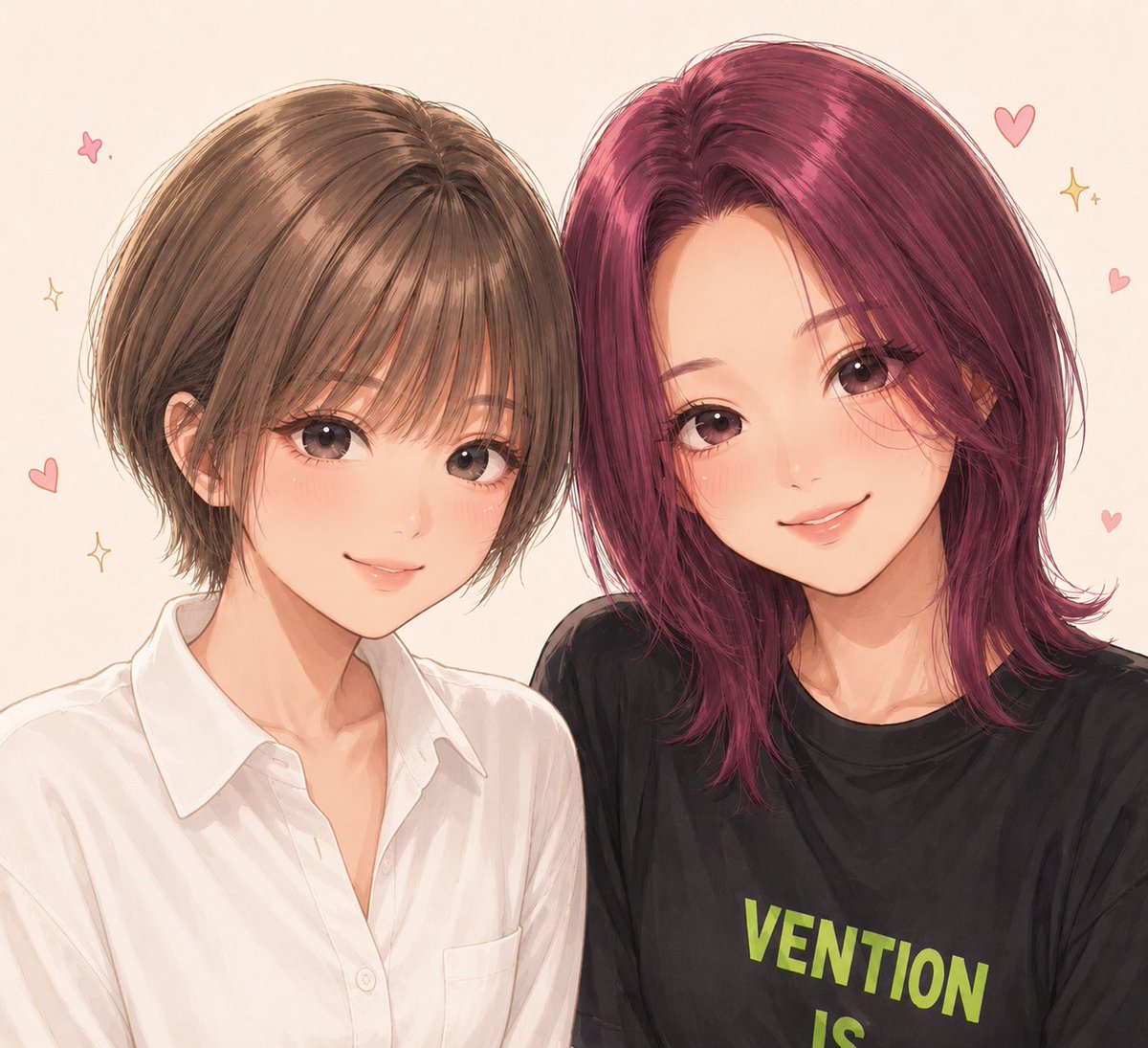 Felixpirix's tweet photo. 暇してたら、ごまちゃんからLINEきてな
髪切りに行くって
お揃いのきりっぱなしボブに挑戦するって
…………ごめん、私超絶久しぶりにショートにしたとこやねん😂
んでAIに2人描かせたら、どえらいのできた！！！
2人の顔に指乗せたら、再現度高いwww
でも指のけたら…美化度2000%の仕上がり笑 https://t.co/5kXlFuANjQ
